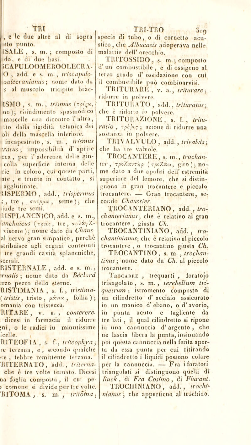 , e le due altre al di sopra sto punto. (SALE , s. ni. j composto di do, e di due basi. iCAPULOOMEROOLECR \- 0 , add. e s. in., triscapulo- oolecranianus; nome dato da s al muscolo tucipile biac- ISMO , s. m. , trisnms (rpi'ÇM, i no); coiudimento spasmodico mascelle uua dicontro I’ altra , Ito dalla tigtdità tetanica dei oli della mascella interiore, incapestralo , s. m., trismus ’ratus ; impossibilità d’ aprire cca , per 1’ aderenza delle gin- colla superficie interna delle eie in coloro, cui queste parti, ale , e tenute in contatto , si agglutinate. USPERMO , add., trìspermus ; , tre , arrèpux , seme ) ; che inde tre semi. 1 [SPLANCNICO, add. e s. in., cinchnìcus (zpù;, tre, rr-lxy'Z- visceie); nome dato da Chaus al nervo gran simpatico, perche stribuisce agli organi contenuti Ire grandi cavità splancniche, ìccrali. ESTERNALE, add. e s. m., '■rnalis ; nome dato da Béclard :rzo pezzo dello sterno. RISTIMANIA , s. f., trìstima- (iristis, tristo, p.àvtz , follia ) ; omania con tristezza. RITARE, v. a., conierete. dicesi in farmacia il ridurre •ni , o le radici iu minutissime icelle. RI TEOFI A , s. f., trilcophya ; re terzana, e, secondo qualche ne , febbre remittente terzana. RITERNATO, add., triterna- ebe è tre volte ternato. Dicesi na foglia composta , il cui pe- > comune si divide per tic volte. 'RITOMA, s. m. , tritòma -, TRI-TUO 5°j) specie di tubo, o di cornetto acu- stico, che Albucasis adoperava nelle malattie dell* orecchio. TRITOSSIDO , s. m. ; composto d un combustibile , c di ossigeno al terzo grado d’ ossidazione con cui d combustibile può combinarvisi. 1 RITURARE , v. a., triturare-, ridurre in polvere. 1 RITURATO , add. , triluratus ; che e ridotto in polvere. TRITURAZIONE, s. f. , tritu- rano , tpi'jiç -, azione di ridurre una sostanza in polvere. TRIVALYULO, add., trivalvis-, che ha ire valvole. TROCANTERE, s. m., trochan- ter, zpo/.x-jzòp (zpoZAw, giro ) ; no-, me dato a due apofisi dell’estremità superiore del femore, che si distin- guono in gran trocantere e piccolo trocantere. — Gran trocantere, se- condo Chantier. TROCANTERlANO , add., tro- clianterianus ; che è relativo al gran trocantere , giusta Ch. TROCANTUNIANO, add., tro- chantinianus-, che è relativo al piccolo trocanteie , o trocantiuo giusta Ch. TROCANTIÎNO , s. m. , troclian- lìnus ; nome dato da Ch. al piccolo trocantere. Trocarre , trequarti , foratoj'o triangolato, s. m. , terebellum tri- cfuetrum ; istromento composto di un cilindretto d’ acciaio assicurato in un manico d’ ebano, o d’ avorio, in punta acuto c tagliente da tre lati , il qnal cilindretto si ripone iu una cannuccia d’argento , che ne lascia libera la punta, insinuando poi questa cannuccia nella ferita aper- ta da essa punta per cui ritirando il cilindretto i liquidi possono colare per la cannuccia. — Fra i foratori triangolati si distinguono quelli di Rack , di Fra Cosimo , di Fluì'ani. TROCIIINIANO, add., trocliF nianus ; che appartiene al tràchino.
