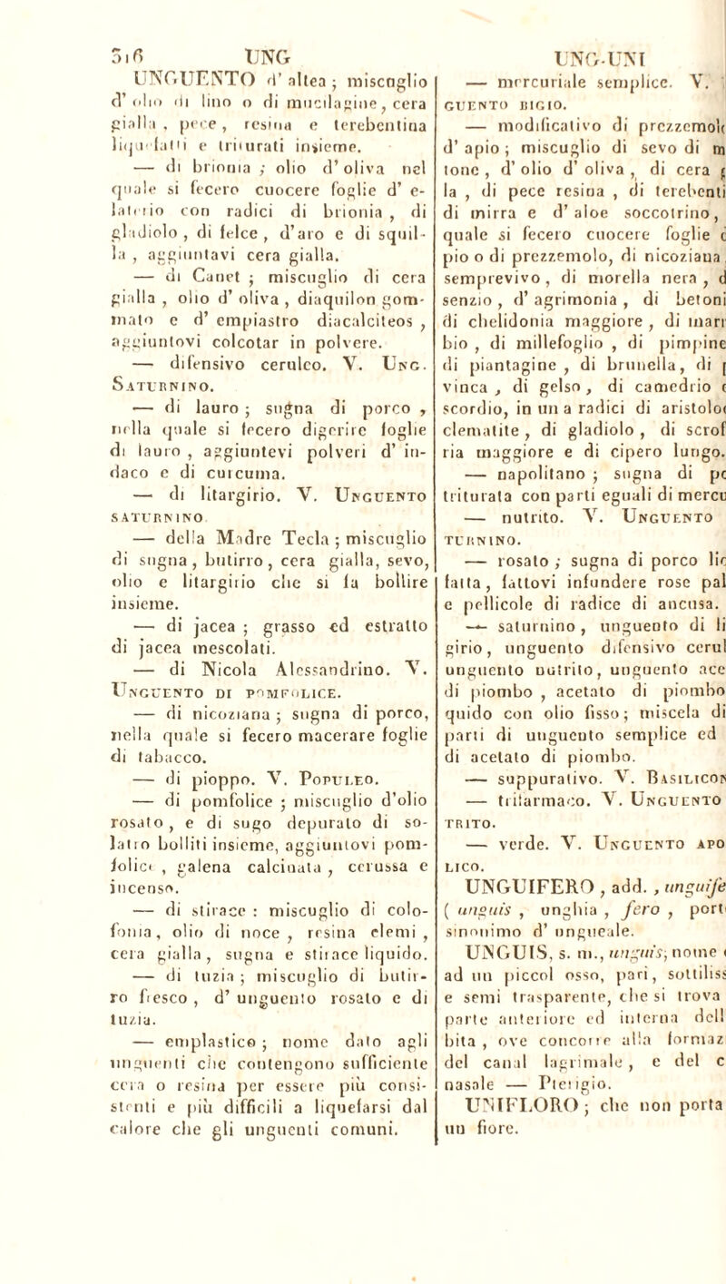 5ifi UNG UNGUENTO fl’ allea ; miscùglio d’olio di lino o di mucilagine, cera gialla , pece, resina e terebentina liquefatti e lriiurati insieme. — di brionia ; olio d’oliva nel cjnale si fecero cuocere foglie d’ e- lalnio con radici di brionia , di gladiolo, di felce, d’aro e di squil- la , aggiuntavi cera gialla. — di Canet ; miscuglio di cera gialla , olio d’ oliva , diaquilon gom- mato e d’ empiastro diacalciteos , aggiuntovi colcotar in polvere. — difensivo ceruleo. V. Uno. Saturnino. — di lauro ■ sugna di porco , nella quale si fecero digerire foglie di lauro , aggiuntevi polveri d’ in- daco c di cuicuma. — di litargirio. V. Unguento saturnino — delia Madre Tecla ; miscuglio di sugna, butirro, cera gialla, sevo, olio e litargirio che si fa bollire insieme. — di jacea ; grasso ed estratto di jacea mescolati. — di Nicola Alessandrino. V. Ung UENTO DI POMFOLICE. — di nicoziana ; sugna di porco, nella quale si fecero macerare foglie di tabacco. — di pioppo. V. Populeo. — di pomfolice • miscuglio d’olio rosato , e di sugo depuralo di so- latio bolliti insieme, aggiuntovi pom- iolict , galena calcinata , cerussa e incenso. — di stirace : miscuglio di colo- fonia, olio di noce, resina demi, cera gialla, sugna e stirace liquido. — di tuzia ; miscuglio di butir- ro fiesco , d’ unguento rosalo e di tuzia. — emplastico ; nome dato agli unguenti che contengono sufficiente cera o resina per essere più consi- stenti e più difficili a liquefarsi dal calore che gli unguenti comuni. UNG-UNI — mercuriale semplice. V. il GUENTO moto. — modificativo di prezzemoli d’ apio ; miscuglio di scvo di m tono , d’ olio d’ oliva , di cera ( la , di pece resina , di terehenti di mirra e d’aloe soccotrino, quale si fecero cuocere foglie c pio o di prezzemolo, di nicoziana, semprevivo , di morella nera , d senzio , d’ agrimonia , di betoni di chelidonia maggiore , di mari bio , di millefoglio , di pimpine di piantagine , di brunella, di [ vinca, di gelso, di camedrio c scordio, in un a radici di aristolot clématite , di gladiolo , di scrof ria maggiore e di cipero lungo. — napolitano ; sugna di pc triturata con parli eguali di mercu — nutrito. V. Unguento TURNI NO. —- rosato ; sugna di porco lie fatta, fattovi infundere rose pai c pellicole di radice di ancusa. — saturnino , unguento di li girio, unguento difensivo ceru! unguento Dutrilo, unguento ace di piombo , acetato di piombo quido con olio fisso; miscela di parti di unguento semplice ed di acetato di piombo. — suppurativo. V. Basilicon — trilarmaoo. V. Unguento trito. — verde. V. Unguento apo Lieo. UNGUIFERO , add. , unguife ( unguis , unghia , fero , porti sinonimo d’ ungueale. UNGUIS, s. m., unguis, nome i ad un piccol osso, pari, sottiliss e semi trasparente, che si trova parte anteriore ed interna dell bita , ove concorre alia formaz del canal lagrimale , e del c nasale — Pterigio. UNIFLORO; che non porta un fiore.