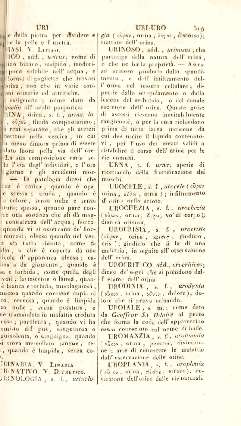 URI m e ridia pic ii a por dividere e af re la pelle e 1’ uretra. IASI V. Litiasi. ICO , ariti. , un'cuf ; nome rii i idò bianco, insipido, inodori- ti poco solubile nell’ acqua , e il forma rii pagliette che trovasi j brina , non che in vaiie con- X mi orinarie od artritiche. ossigenato ; nome dato da ' pieliti all’ acido purpniico. ! UNA , orina , s. I. , urina, lo- | , oveov ; (lnido compostissimo ; I i reni separano , che gli ureteri i lettone* nella vescica , in cui r o meno dimora prima di essere | dato fuma pella via dell’ ore I La sua composizione varia so- ! lo l’età degl’individui , e l’ora giorno e gli accidenti mor- — In patologia dicesi che na è tàrica , quando è opa e spéssa ; cruda , quando è a colore , senza nube e senza itura; Spessa, quando pare con- te una soslanza che gli dà mag- consistenza dell’ acqua ; fiocco- qnaudo vi si osservano de’ fioc- mucosi ; oleosa quando nel ver a sta tutta riunita , come fa ilio , o die è coperta da una icola d’ apparenza oleosa ; ca- lma o da giumento, quando è sa e torbida , collie quella degli ivori ; lattescente o lattea, qtran- ò bianca e torbida; mucilaginosa , uucosa quando contiene copia di co; nervosa , quando è limpida za nube , senza posatura , e ne tramandala in malattia creduta vosa ; purulenta , quando vi ha nini sto del pus; sanguinosa o guiilolenta, o sanguigna, quando si trova mescoliate» sangue ; te- ‘ , quando' è limpida, senza co- « TRINAR IA. V. Linaria J RI NATIVO V Diuretico. JiilNOLOGfA , s fi ; ut indo URI-URO 7t 11> già ( oijpov , ni ma , ïôyoç , discorso); trattato dell’ orina. LRINOSO , add. , urinosus ; che partecipa della natura dell’ mina, o che ne lia la proprietà. — Asces- so tiiitioso prodotto dallo spandi- tnenio , o dall’ infiltramento rid- i’ orina nel tessuto cellulare ; di- pende dallo sci i polamento o dalla lesione del serbatoio , o del canale cscietore dell’ orina. Queste guise ili ascessi riescono inevitabilmente cangrenosi, o per la cura richiedono prima di tulio Unga incisione da cui dee uscire il liquido contenuto- vi , poi I’ uso dei mezzi validi a ristabilire il corso dell’ urina per le vie comuni. URNA , s. f. urtiti-, spezie di ricettacolo della fiultilicazione dei muschi. UROCFLE , s. fi , urocele ( ove&v oiina, xr)v) , etnia ); infiltramento d’ orina nello scroio UROCHEZIA , s. f. , urochezia ( oòpov , orina, X-çw, vo’ di corpo); diarrea orinosa'. UROCRlSlA, s. fi* inceri sis ( ovpbv , orina , xpt'rfrç , giudizio, crisi ) ; giudizio che si fa di una malattia, in seguito all’ osseivazione dell’ orina. UROfRfTlCO. add., urocriticus-, dicesi de’segni che si ptéridono dal- 1’ esame dell’ ni ina. XJRODINIA , s. fi, urodynia ( oiipo'j , oiina , óJuvvj » dolore); do- loie che si prosa orinando. UROlALE,s. ni.; nome dato da Geoffroy Si Hilaire al pezzo che forma la coda dell’ apparecchio osseo conosciuto col norné di ioide. UROMANZIA, s. fi, inumanità ( oSzov , orina , p.avrrt«, divinazio- ne arte di conoscere ìe malattie dall’ossei vazione delle orine. UROPLANIA, s. t., urophmia ( ci> ov , orina, zr/ck-.n-i et tore); de- viazione dell’oiina dalle vie naturali.