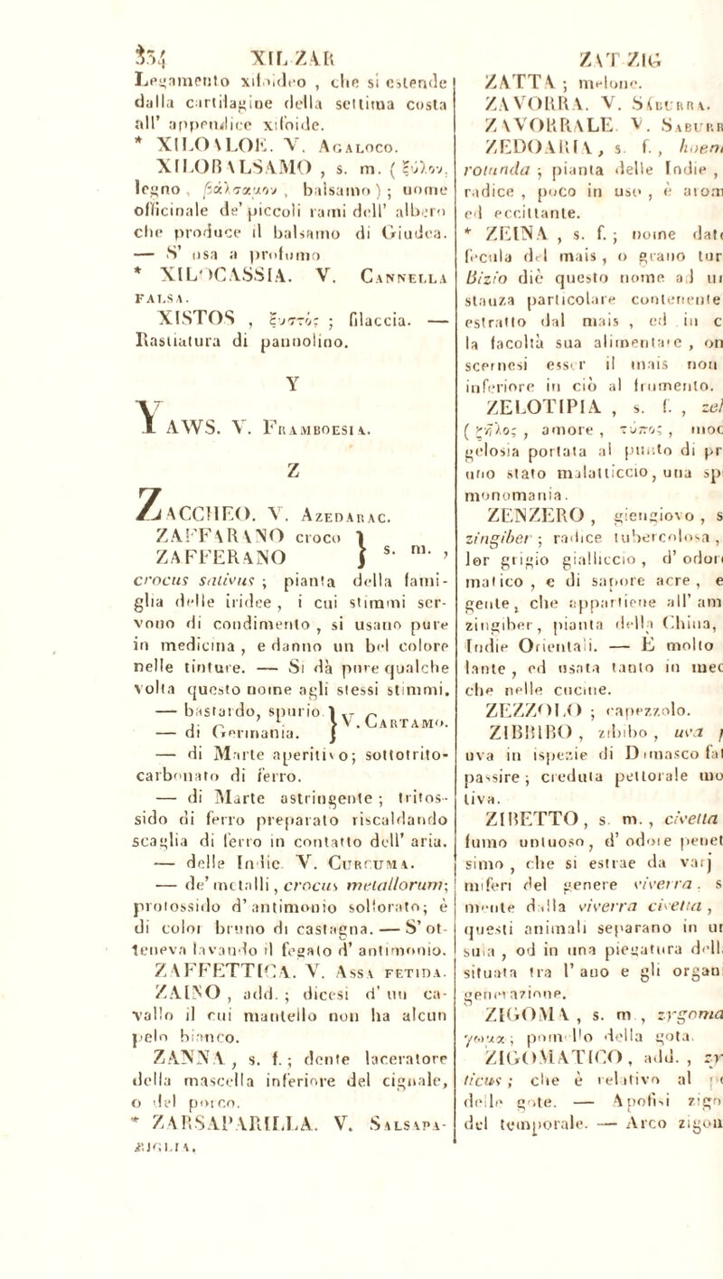 mzut Legamento xiioideo , che si estende dalla cartilagine della settima costa all’ appendice xiloide. * XI LOALOE. V. A g a loco. XILOB ALSAMO , s. m. ( fóXov. legno , balsamo ) ; nome officinale de’piccoli rami dell’ albero che produce il balsamo di Giudea. — S’ osa a profumo * XILOCASSIA. V. Cannella FALSA. XISTOS , 1vjirró: • filaccia. — Rastiatura di pannolino. s. ni. tatui - A WS. Y. Fuamboesia. ^iACCHEO. V. Azedarac. ZAFFARANO croco 1 ZAFFERANO } crocus salivas ; pianta della glia delle iridee , i cui stimmi ser- vono di condimento , si usano pure in medicina , e danno un bel colore nelle tinture. — Si dà pure qualche volta questo nome agli stessi stimmi. — bastardo, spurio 1 VT ^ >■ rs L > V. Gartamo. — di Germania. j — di Marie aperitivo; sottotrito- carbonato di ferro. — di Marte astringente ; tritos- sido di ferro preparato riscaldando scaglia di ferro in contatto dell’ aria. — delle Indie. V. Curcuma. — de’ metalli, crocus metallorum; protossido d’antimonio solforato; è di coloi bruno di castagna. — S’ot- teneva lavando il fegato d’ antimonio. Z AFFETTILA. V. Assa FETina. ZAINO , add. ; dicesi d’ un ca- vallo il cui mantello non ha alcun pelo bianco. ZANNA, s. f. ; dente laceratore della mascella inferiore del cignale, o del porco. * ZARSAPARILLA. V. Salsapa- zat zig ZATTA; melone. ZAVORRA. V. Suburra. ZAVORRALE. V. Saburr ZEDOARIA , s f. , hoeni rotunda ; pianta delle Indie , radice , poco in uso , è aio.m ed eccittante. * ZEINA , s. f. ; nome dati fecola (FI mais , o grano tur Bizio diè questo nome ad tu slauza particolare contenente estratto dal mais , ed in c la facoltà sua alimenta'e , on sceinesi esser il mais non inferiore in ciò al frumento. ZE LOTI PI A , s. f. , zaì ( Pvjio; , amore , tùìto; , moc gelosia portata al punto di pr uno stato malatiiccio, una spi monomania. ZENZERO , giengiovo , s zingiber ; radice tubercolosa , 1er grigio gialliccio , d’ odori malico, e di sapore acre, e gente, che appartiene all’am zingiber, pianta della (.bina, Indie Orientali. — E mollo laute , ed usata tanto in tuec clic nelle cucine. ZEZZOLO ; capezzolo. ZIBRIRO , zrbibo , uva / uva in ispesie di Dnnascofal passire ; creduta pettorale tuo liva. ZIBETTO, s m., civetta fumo untuoso, d’odme penet simo , che si estrae sia varj tinferi del genere viverra, s mente dalla viverra civetta , questi animali separano in ut suoi , od in una piegatura dell, situata tra l’ano e gli organ genio azione. ZIGOMA, s. m , zygoma ycouct ; pomello della gota ZIGOMATICO , add. , zy ticus ; che è rei itivo al ( delle gote. — Apofisi zign del temporale. — Arco zigon i’.JGLI A,
