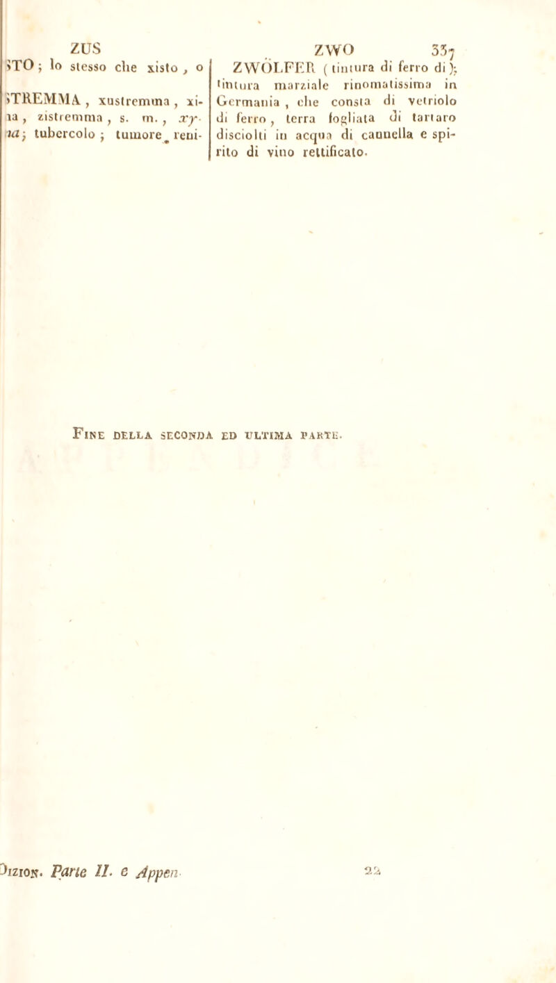 zus STO} lo stesso che xisto , o ìTREMMA. , xustremina , xi- ìa , zistremma , s. m. , xy- VX) tubercolo} tumore reni- ZVVO SS; ZWOLFER (tintura ili ferro di); 1 iti i ma marziale rinomatissima in Germania , che consta di vetriolo dt ferro, terra fogliata di tartaro disciolti in acqua di cannella e spi- rito di vino rettificalo. Fine della seconda ed ultima pakte. dizioj?. Parie IL e /ippen
