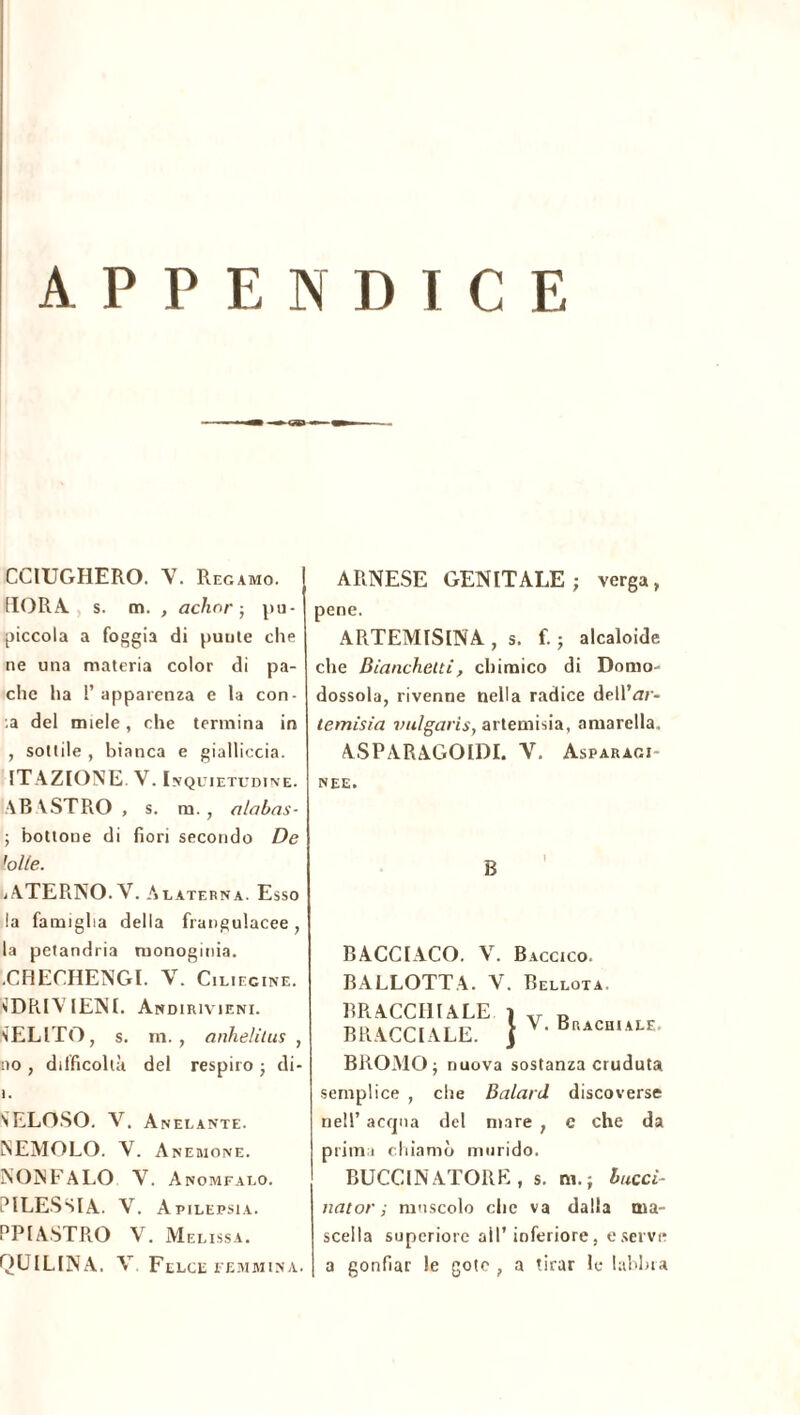 CCIUGHERO. Y. Recamo. lïORA s. m. , achnr-, pu- piccola a foggia di punte che ne una materia color di pa- che ha l’apparenza e la con- ia del miele, che termina in , sottile , bianca e gialliccia. ITAZIONE. V. INQUIETUDINE. AB ASTRO , s. m. , alabas- ; bottone di fiori secondo De lolle. ij ATERNO. V. Alaterna. Esso la famiglia della frangulacee, la petandria monoginia. .CHECHENGl. V. Ciliegine. ^DRIYIENE Andirivieni. HELITO, s. in., anhelilus , no , difficoltà del respiro ; di- i. GELOSO. Ar. Anelante. NEMOLO. V. A NEMONE. NONFALO V. Anomfalo. PIRESSIA. V. Apilepsia. PPlASTRO Y. Melissa. QUILINA. Y Felce femmina. ARNESE GENITALE; verga, pene. ARTEMISINA , s. f. ; alcaloide che Bianchetti, chimico di Domo- dossola, rivenne nella radice dell’zzr- temisia vulgaris, artemisia, amarella. ASPARAGOIDI. V. Asparagi- NEE. B I V. Brachiale. BACCIACO. V. Baccico. BALLOTTA. V. Bellota. BRACCHIALE i BRACCIALE. } BROMO; nuova sostanza cruduta semplice , che Baiarci discoverse nell’ acqua del mare , e che da prima chiamò murido. BUCCINATORE , s. ni.; bucci- nator; muscolo che va dalia ma- scella superiore all’inferiore, e serve a gonfiar le goto , a tirar le labbia