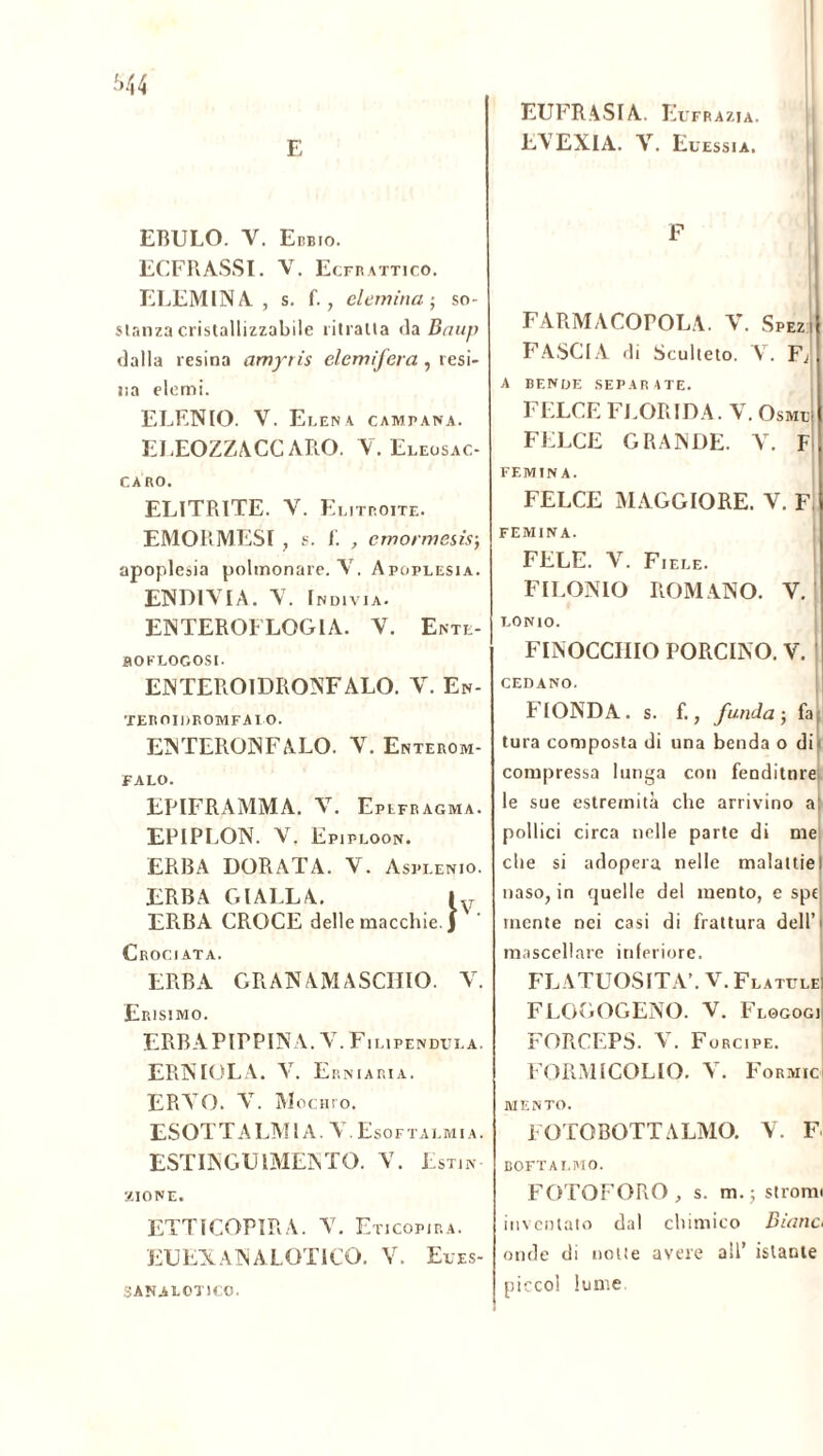 E EUFRASIA. Eufrazia. LVEXIA. V. El essi a. EBULO. V. Ebbio. ECFRASSI. V. Ecfrattico. ELEMINA , s. f. , elenrina-, so- stanzacristallizzabile ritratta da Baup dalla resina amytis éiemìfera, resi- na elemi. ELENIO. V. Elena campana. ELEOZZACCARO. V. Eleosac- CARO. ELITRITE. V. Elitp.oite. EMORMESI , s. 1. , cmormesis; apoplesia polmonare. V. Apoplesia. ENDIVIA. V. Indivia. ENTEROFLOG1A. V. Ente- aOFLOGOSI. ENTEROIDRONFALO. V. En- TEROIDROMFAIO. ENTERONFALO. V. Enterom- FALO. EPIFRAMMA. V. Epefragma. EPIPLON. V, Epiploon. ERBA DORATA. V. Asplenio. ERBA GIALLA. ly ERBA CROCE delle macchie. j Crociata. ERBA GRAN AM A SCIIIO. V. Erisimo. ERBAPITPINA. V. Filipendula. ERNIOLA. V. Erniaria. ERTO. V. Mommo. ESOFTALMI A. A Esoftalmi a. EST IN G UIMEN T O. V. Estin- zione. ETTICOPIRA. V. Eticopira. EU EX AN A L OTI CO. V. Eues- F FARMACOPOLA. V. Spezi fascia di scuiteto. v. fJ A BENDE SEPARATE. FELCE FLORIDA. V. OsMLf FELCE GRANDE. V. F FEMIN A. FELCE MAGGIORE. V. F. FEMINA. FELE. V. Fiele. FILONTO ROMANO. V. LONIO. FINOCCHIO PORCINO. V. CEDANO. FIONDA, s. f., funda j fa, tura composta di una benda o di- compressa lunga con fenditure le sue estremità che arrivino a: pollici circa nelle parte di me che si adopera nelle malattie! naso, in quelle del mento, e spe mente nei casi di frattura dell’' mascellare inferiore. FLATUOSITÀ’. V. Flatule FLOGOGENO. V. Flogogi FORCEPS. V. Forcipe. FORMICOLIO. V. Formici mento. FOTOBOTTALMO. V. F BOFTALMO. FOTOFORO, s. m.; stronu inventato dal chimico Diano onde di notte avere all’ istante piccol lume 3ANALOTICC.