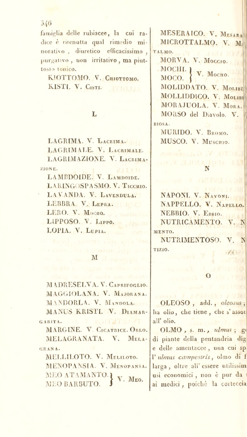 j/jü famiglia delle rubiacee, la cui ra- dice è riienutta qual rimedio mi- norativo , diuretico efficacissimo , purgativo , uou irritativo, ma piut- toslo tonico. KlOTTOMO. V. Chiottomo. KlSTl. V. Cisti. L LAGRIMA.. V. Lacrima. LACRIMALE. A7. Lacrimale. LAGRLY1AZIOÌNE. V. Lacrima- zione. LAMBDOIDE. V. Lamdoide. L ARINGt tSPASMO. V. Ticchio. LAVANDA. V. Lavendula. LEBBRA. V. Lepra. LERO. V. Mocho. LIPPOSO. V. Lippo. LOP1A. V. Llpia. M M ADRESELVA. V. Caprifoglio. MAGGIOLATA. V. M AJOR AN A. MANDORLA. V. Mandola. MANUS K.RISTL V. Diamar- G A RITA. MARGINE. AT Cicatrice. Orlo. MELAGRANATA. V. Mela- grana. MELLILOTO. V. Melii.oto. MENOPANSIA. V. Menopansa. MEO AT A MANTO. MEO BARBUTO. . V. Meo. MESERAICO. V. Mesa»a MICROTTALMO. V. ME TALMO. MORVA. MOÇUI. 1 MOLO. } A. Moccio. V. Mocho. MOLIDDATO. V. Molibì MOLLIDDlCO. V. Molibì i MORAJUOLA. V. Mora. 1 MO USO del Diavolo. V. BIOS A. MURIDO. V. Bromo. MUSCO. V. Muschio. N NAPONI. V. Navoni. NAPPELLO. V. N APELLO. NEBBIO. V. Erbio. NUTRICAMENTO. Y. N MENTO. NUTRIMENTOSO. Ar. N TIZIO. .. O OLEOSO , add. , oleosus -, lia olio, che tiene, che s’assoi all’ olio. OLMO, s. m., almus ; gì di piante della pentandria dig e delle ameutacee , una cui sp P ulmus campcslris, olmo di f larga , oltre all’ essere utilissim usi economici , non è pur da i ai medici , poiché la corteccia