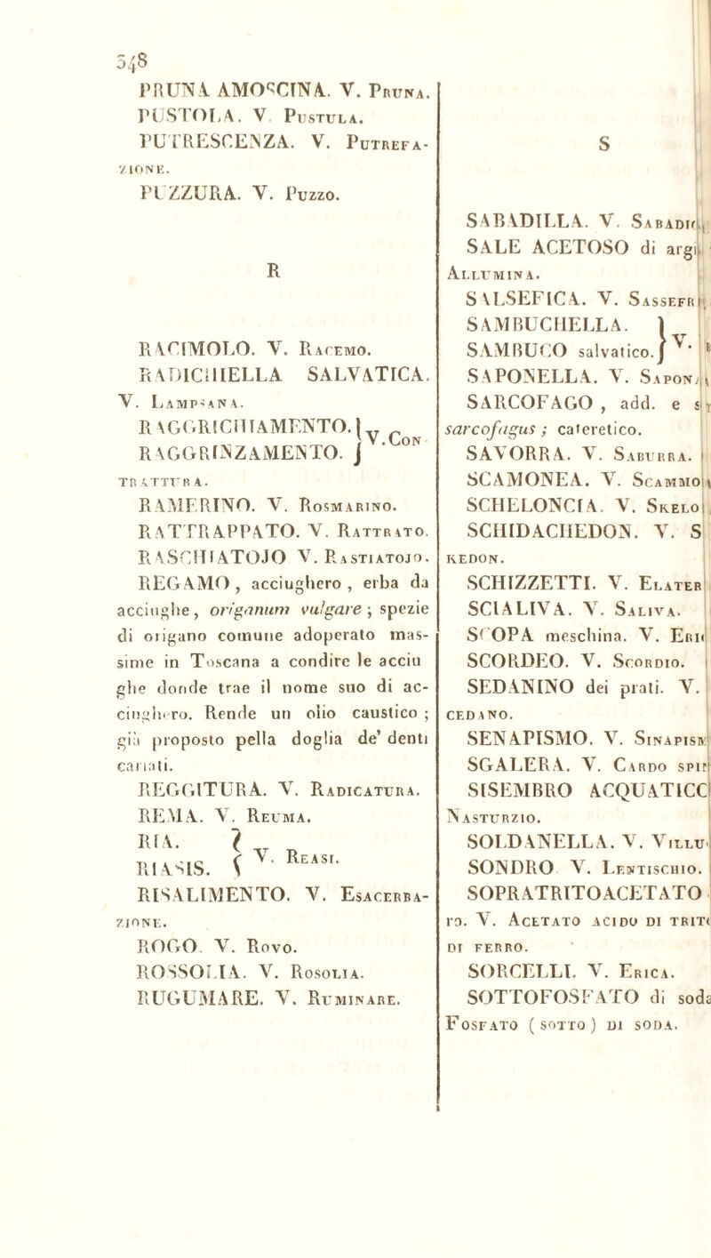 PRUNA. AMO^CINA. V. Pruna. PUSTOIjA. V Pijstula. PUTRESCENZA. V. Putrefa- zione. PUZZURA. V. Puzzo. R RACIMOLO. V. Racemo. RADIO II IELLA SALVATICA. V. Lamp'ANA. R\GGRIC1TIAMF.NT0.( RAGGRINZAMENTO. J * 0N TP. ATTI'R A. RAMORINO. V. Rosmarino. RAT FRAPPATO. V. Rattrato. R VSCIUATOJO V. Rastiatojo. REGAMO, acciughero, erba da acciughe, orìgnnum volgare ; spezie di origano comune adoperato mas- sime in Toscana a condire le acciu glie donde trae il nome suo di ac- ciughero. Rende un olio caustico ; già proposto pella doglia de’ denti cariati. REGGITURA. V. Radicatura. REMA. V. Reuma. V. Reasi. RIA. RIASIS. V RISALIMENTO. Y. Esacerba- ZIONE. ROGO. V. Rovo. ROSSORI A. V. Rosolia. RUGUMARE. Y. Ruminare. S S AB ADIRLA. V. Sabadic, SALE ACETOSO di argil Allumina. S ALSEFICA. Y. S ASSEFPI, SAMBUCHELLA. 1 r I SAMBUCO salvatico. J ^ ' 1 SAPONELLA . Y. Saponai Sarcofago , add. e sL sarcofagus ; caferetico. SAYORRA. V. Saburra. i SCAMONEA. V. Scammoiv SCHELONCIA. V. Sreloi SCHIDACIiEDON. V. S REDON. SCHIZZETTI. V E. .ATER SCIALIVA. Y. Saliva. SCOPA meschina. V. Eru SCORDEO. V. Scordio, i SEDAN INO dei prati. Y. CEDANO. SENAPISMO. V. Sinapisn SGALERA. V. Cardo spiti SlSEMBRO ACQUATICCI Nasturzio. SOLDANELLA. Y. Villtd SONORO V. Lentischio. SOPRATRITO ACETATO ro. V. Acetato acido di triti di ferro. SORCELLI. Y. Erica. SOTTOFOSFATO di soda Fosfato (sotto) ni soda.