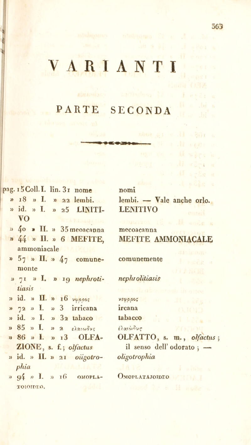 » ! ' VARIANTI PARTE SECONDA pag. 15Coll. I. lin. 3i nome nomi 00 » 22 lembi. lembi. — Vale anche orlo. » id. » I. » 25 LINITI- LENITIVO vo U 4° * li. » 35meoncanna mecoacanna » 44 » li. » 6 MEFITE, MEFITE AMMONIACALE ammoniacale » 5 7 » II. » 47 comune- comunemente monte « 71 » I. » 19 nephroti- ncphtoliliasis tiasis » id. » II. » 16 vtyppO' vsyppo; » 72 » I. » 3 irricana ircana » id. » I. » 32 tabaco tabacco » 85 » I. » 2 s^oumSvç g),OMW^VÇ » 86 » I. » i3 OLFA- OLFATTO, s. m., olfactus ZI ONE, s. f. ; olfactus il senso dell’ odorato \ — » id. » li. » 21 oiigotro- oligotrophia phia » y4 « I. 3» l6 OMOPLA- O.MOPL ATA JOIDFO TOIOIDEO.
