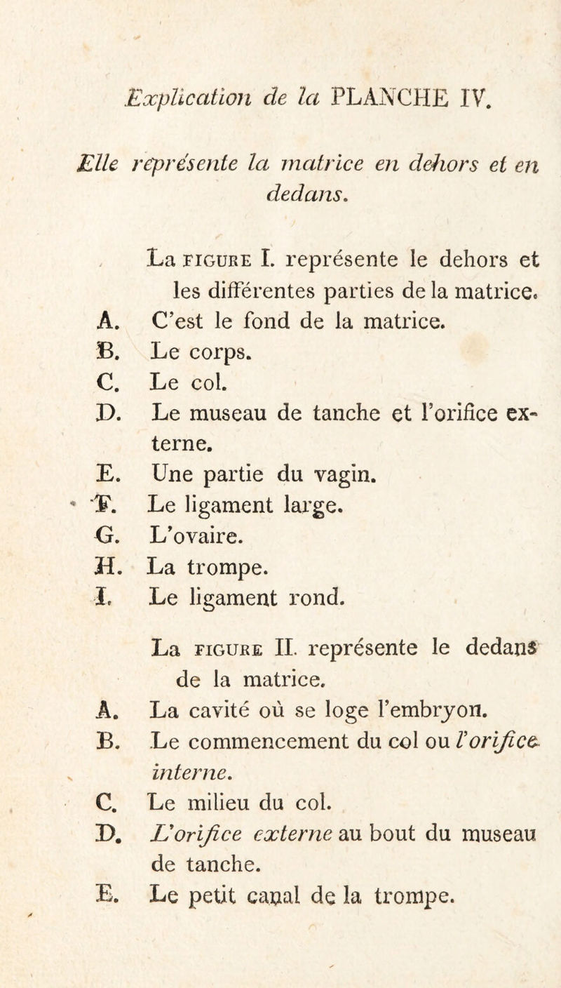 Elle représente la matrice en dehors et en dedans. La figure I. représente le dehors et les différentes parties de la matrice. A. C’est le fond de la matrice. B. Le corps. C. Le col. L>. Le museau de tanche et l’orifice ex¬ terne. E. Une partie du vagin, ï. Le ligament large. G. L’ovaire. H. La trompe. I. Le ligament rond. La figure IL représente le dedans de la matrice. A. La cavité où se loge l’embryon. B. Le commencement du col ou ïorifice- interne. C. Le milieu du col. D. L'orifice externe au bout du museau de tanche. E. Le petit canal de la trompe.