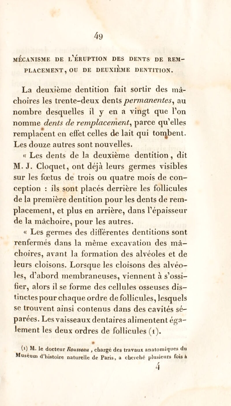 MÉCANISME DE l’ÉRUPTION DES DENTS DE REM¬ PLACEMENT, OU DE DEUXIEME DENTITION. La deuxième dentition fait sortir des mâ¬ choires les trente-deux dents permanentes, au nombre desquelles il y en a vingt que l’on nomme dents de remplacement, parce qu’elles remplacent en effet celles de lait qui tombent. Les douze autres sont nouvelles. « Les dents de la deuxième dentition, dit M. J. Cloquet, ont déjà leurs germes visibles sur les foetus de trois ou quatre mois de con¬ ception : ils sont placés derrière les follicules de la première dentition pour les dents de rem¬ placement, et plus en arrière, dans l’épaisseur de la mâchoire, pour les autres. « Les germes des differentes dentitions sont renfermés dans la même excavation des mâ¬ choires, avant la formation des alvéoles et de leurs cloisons. Lorsque les cloisons des alvéo¬ les, d’abord membraneuses, viennent à s’ossi¬ fier, alors il se forme des cellules osseuses dis¬ tinctes pour chaque ordre de follicules, lesquels se trouvent ainsi contenus dans des cavités sé¬ parées. Les vaisseaux dentaires alimentent éga¬ lement les deux ordres de follicules (1). • (0 M. le docteur Rousseau , chargé des travaux anatomiques du Muséum d’histoire naturelle de Paris, a cherché plusieurs fois il 4