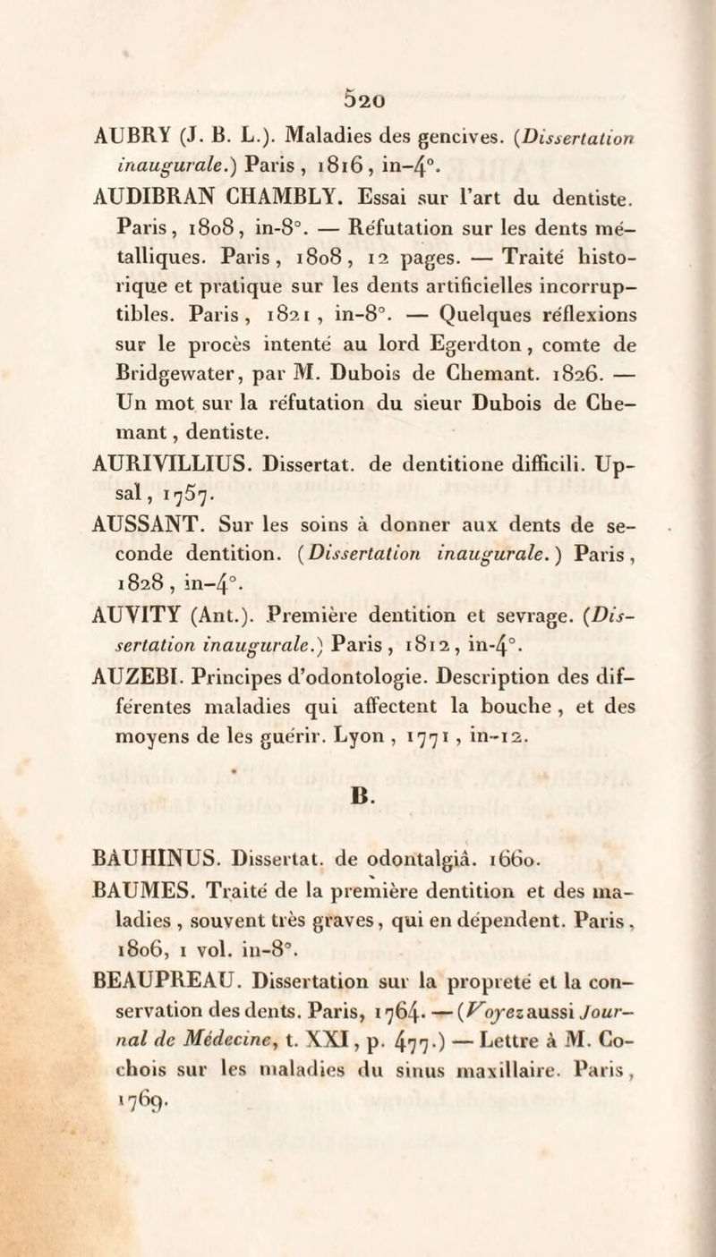 AUBRY (J. B. L.). Maladies des gencives. (Dissertation inaugurale.) Paris, 1816, in-4°. AUDIBRAN CHAMBLY. Essai sur l’art du dentiste. Paris, 1808, in-8°. — Réfutation sur les dents mé¬ talliques. Paris, 1808, 12 pages. —Traité histo¬ rique et pratique sur les dents artificielles incorrup¬ tibles. Paris, 1821, in-8°. — Quelques réflexions sur le procès intenté au lord Egerdton, comte de Bridgewater, par M. Dubois de Cbemant. 1826. — Un mot sur la réfutation du sieur Dubois de Cbe¬ mant , dentiste. AURIYILLIUS. Dissertât, de dentitione difficili. Up- sal, 1757. AUSSANT. Sur les soins à donner aux dents de se¬ conde dentition. (Dissertation inaugurale.) Paris, 1828 , in-4°. AUVITY (Ant.). Première dentition et sevrage. (Dis¬ sertation inaugurale.) Paris, 1812, in-4°. AUZEBI. Principes d’odontologie. Description des dif¬ férentes maladies qui affectent la bouche , et des moyens de les guérir. Lyon , 1771 , in-12. • B. BÀUHINUS. Dissertât, de odontalgiâ. 1660. BAUMES. Traité de la première dentition et des ma¬ ladies , souvent très graves, qui en dépendent. Paris. 1806, 1 vol. in-S3. BEAUPRE AU. Dissertation sur la propreté et la con¬ servation des dents. Paris, 1764* — (^ojesaussi Jour¬ nal de Médecine, t. XXI, p. 477•) — Lettre à M. Co- chois sur les maladies du sinus maxillaire. Paris, 1769.