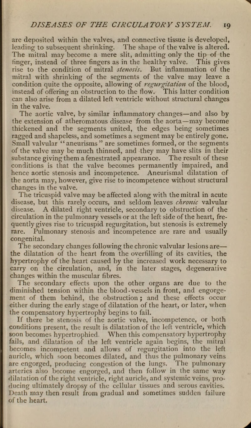 are deposited within the valves, and connective tissue is developed, leading to subsequent shrinking. The shape of the valve is altered. The mitral may become a mere slit, admitting only the tip of the finger, instead of three fingers as in the healthy valve. This gives rise to the condition of mitral stenosis. But inflammation of the mitral with shrinking of the segments of the valve may leave a condition quite the opposite, allowing of regurgitation of the blood, instead of offering an obstruction to the flow. This latter condition can also arise from a dilated left ventricle without structural changes in the valve. The aortic valve, by similar inflammatory changes—and also by the extension of atheromatous disease from the aorta—may become thickened and the segments united, the edges being sometimes ragged and shapeless, and sometimes a segment may be entirely gone. Small valvular “aneurisms” are sometimes formed, or the segments of the valve may be much thinned, and they may have slits in their substance giving them a fenestrated appearance. The result of these conditions is that the valve becomes permanently impaired, and hence aortic stenosis and incompetence. Aneurismal dilatation of the aorta may, however, give rise to incompetence without structural changes in the valve. The tricuspid valve may be affected along with the mitral in acute disease, but this rarely occurs, and seldom leaves chronic valvular disease. A dilated right ventricle, secondary to obstruction of the circulation in the pulmonary vessels or at the left side of the heart, fre¬ quently gives rise to tricuspid regurgitation, but stenosis is extremely rare. Pulmonary stenosis and incompetence are rare and usually congenital. The secondary changes following the chronic valvular lesions are— the dilatation of the heart from the overfilling of its cavities, the hypertrophy of the heart caused by the increased work necessary to carry on the circulation, and, in the later stages, degenerative changes within the muscular fibres. The secondary effects upon the other organs are due to the diminished tension within the blood-vessels in front, and engorge¬ ment of them behind, the obstruction; and these effects occur either during the early stage of dilatation of the heart, or later, when the compensatory hypertrophy begins to fail. If there be stenosis of the aortic valve, incompetence, or both conditions present, the result is dilatation of the left ventricle, which soon becomes hypertrophied When this compensatory hypertrophy fails, and dilatation of the left ventricle again begins, the mitral becomes incompetent and allows of regurgitation into the left auricle, which soon becomes dilated, and thus the pulmonary veins are engorged, producing congestion of the lungs. The pulmonary arteries also become engorged, and then follow in the same way dilatation of the right ventricle, right auricle, and systemic veins, pro¬ ducing ultimately dropsy of the cellular tissues and serous cavities. Death may then result from gradual and sometimes sudden failure of the heart.