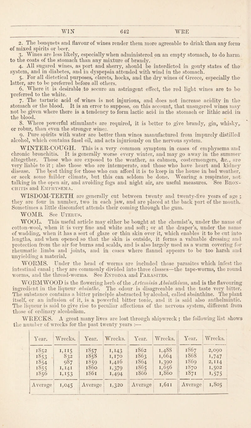 2. The bouquets and flavour of wines render them more agreeable to drink than any form of mixed spirits or beer. 3. Wines are less likely, especially when administered on an empty stomach, to do harm to the coats of the stomach than any mixture of brandy. 4. All sugared wines, as port and sherry, should be interdicted in gouty states of the system, and in diabetes, and in dyspepsia attended with wind in the stomach. 5. Eor all dietetical purposes, clarets, hocks, and the dry wines of Greece, especially the latter, are to be preferred before all others. 6. Where it is desirable to secure an astringent effect, the red light wines are to be preferred to the white. 7. The tartaric acid of wines is not injurious, and does not increase acidity in the stomach or the blood. It is an error to suppose, on this account, that unsugared wines may not be given where there is a tendency to form lactic acid in the stomach or litliic acid in the blood. 8. Where powerful stimulants are required, it is better to give brandy, gin, whisky,, or robur, than even the stronger wines, 9. Pure spirits with water are better than wines manufactured from impurely distilled alcohol, which contains fusel oil, and acts injuriously on the nervous system. WINTER-COUGH. This is a very common symptom in cases of emphysema and chronic bronchitis. It is generally worse every winter, and may go away in the summer- altogether. Those who are exposed to the weather, as cabmen, costermongers, &c., are very liable to it; also those who are intemperate, and those who have heart and kidney disease. The best thing for those who can afford it is to keep in the house in bad weather, or seek some milder climate, but this can seldom be done. Wearing a respirator, not talking in the open air, and avoiding fogs and night air, are useful measures. See Bron¬ chitis and Emphysema. WISDOM-TEETH are generally cut between twenty and twenty-five years of age ; they are four in number, two in each jaw, and are placed at the back part of the mouth. Sometimes a little discomfort attends their coming through the gum. WOMB. See Uterus. WOOL. This useful article may either be bought at the chemist’s, under the name of cotton-wool, when it is very fine and white and soft; or at the draper’s, under the name of wadding, when it has a sort of glaze or thin skin over it, which enables it to be cut into lengths, and when opened so that the skin is outside, it forms a valuable dressing and protection from the air for burns and scalds, and is also largely used as a warm covering for rheumatic limbs and joints, and in cases where flannel appears to be too harsh and unyielding a material. WORMS. Under the head of worms are included those parasites which infest the intestinal canal ; they are commonly divided into three classes—the tape-worms, the round worms, and the thread-worms. See Entozoa and Parasites. WORMWOOD is the flowering herb of the Artemisia Absinthium, and is the flavouring ingredient in the liqueur absinthe. The odour is disagreeable and the taste very bitter. The substance contains a bitter principle abstracted by alcohol, called absinthine. The plant itself, or an infusion of it, is a powerful bitter tonic, and it is said also anthelmintic. The liqueur is said to give rise to peculiar affections of the nervous system, different from those of ordinary alcoholism. WRECKS. A great many lives are lost through shipwreck ; the following list shows the number of wrecks for the past twenty years :— Y ear. Wrecks. Year. Wrecks. Year. Wrecks. Year. Wrecks. 1852 i,ii5 1857 i,i43 1862 1,488 1867 2,090 1853 832 1858 1,170 1863 1,664 1868 L747 1854 987 1S59 1,416 1864 L39o 1869 2,114 1855 1,141 i860 L379 1865 1,656 1870 I,5°2 1856 LU3 1861 L494 1866 1,860 1871 L575 Average tl 1,045 Average 1 1,320 | Average 1,611 | 1 | Average 1,805