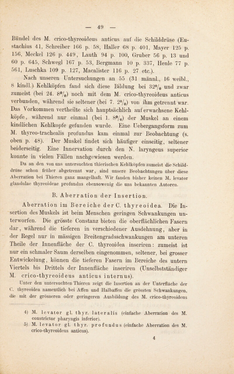 Bündel des M. crico-thyreoideus anticus auf die Schilddrüse (Eu¬ stachius 41, Schreiber 166 p. 58, Haller 68 p. 401, Mayer 125 p. 156, Meckel 126 p. 449, Lauth 94 p. 100, Gruber 56 p. 13 und 60 p. 645, Schwegl 167 p. 53, Bergmann 10 p. 337, Henle 77 p. 561, Luschka 109 p. 127, Macalister 116 p. 27 etc.). Nach unseren Untersuchungen an 55 (31 männl., 16 weibl., 8 kindl.) Kehlköpfen fand sich diese Bildung bei 32% und zwar zumeist (bei 24. 8%) noch mit dem M. crico-thyreoideus anticus verbunden, während sie seltener (bei 7. 2%) von ihm getrennt war. Das Vorkommen vertheilte sich hauptsächlich auf erwachsene Kehl¬ köpfe, während nur einmal (bei 1. 8%) der Muskel an einem kindlichen Kehlkopfe gefunden wurde. Eine Uebergangsform zum M. thyreo-trachealis profundus kam einmal zur Beobachtung (s. oben p. 48). Der Muskel findet sich häufiger einseitig, seltener beiderseitig. Eine Innervation durch den N. laryngeus superior konnte in vielen Fällen nachgewiesen werden. Da an den von uns untersuchten thierischen Kehlköpfen zumeist die Schild¬ drüse schon früher abgetrennt war, sind unsere Beobachtungen über diese Aberration bei Thieren ganz mangelhaft. Wir fanden bisher keinen M. levator glandulae thyreoideae profundus ebensowenig die uns bekannten Autoren. B. Aberration der Insertion. Aberration im Bereiche derC. thyreoidea. Die In¬ sertion des Muskels ist beim Menschen geringen Schwankungen un¬ terworfen. Die grösste Constanz bieten die oberflächlichen Fasern dar, während die tieferen in verschiedener Ausdehnung, aber in der Hegel nur in mässigen Breitengradsschwankungen am unteren Theile der Innenfläche der C. thyreoidea inseriren: zumeist ist nur ein schmaler Saum derselben eingenommen, seltener, bei grosser Entwickelung, können die tieferen Fasern im Bereiche des untern Viertels bis Drittels der Innenfläche inseriren (Unselbstständiger M. crico-thyreoideus anticus internus). Unter den untersuchten Thieren zeigt die Insertion an der Unterfläche der 0. thyreoidea namentlich bei Affen und Halbaffen die grössten Schwankungen, die mit der grösseren oder geringeren Ausbildung des M. crico-thyreoideus 4) M. levator gl. thyr. lateralis (einfache Aberration des M. constrictor pharyngis inferior). 5) M. levator gl. thyr. profundus (einfache Aberration des M. crico-thyreoideus anticus). 4