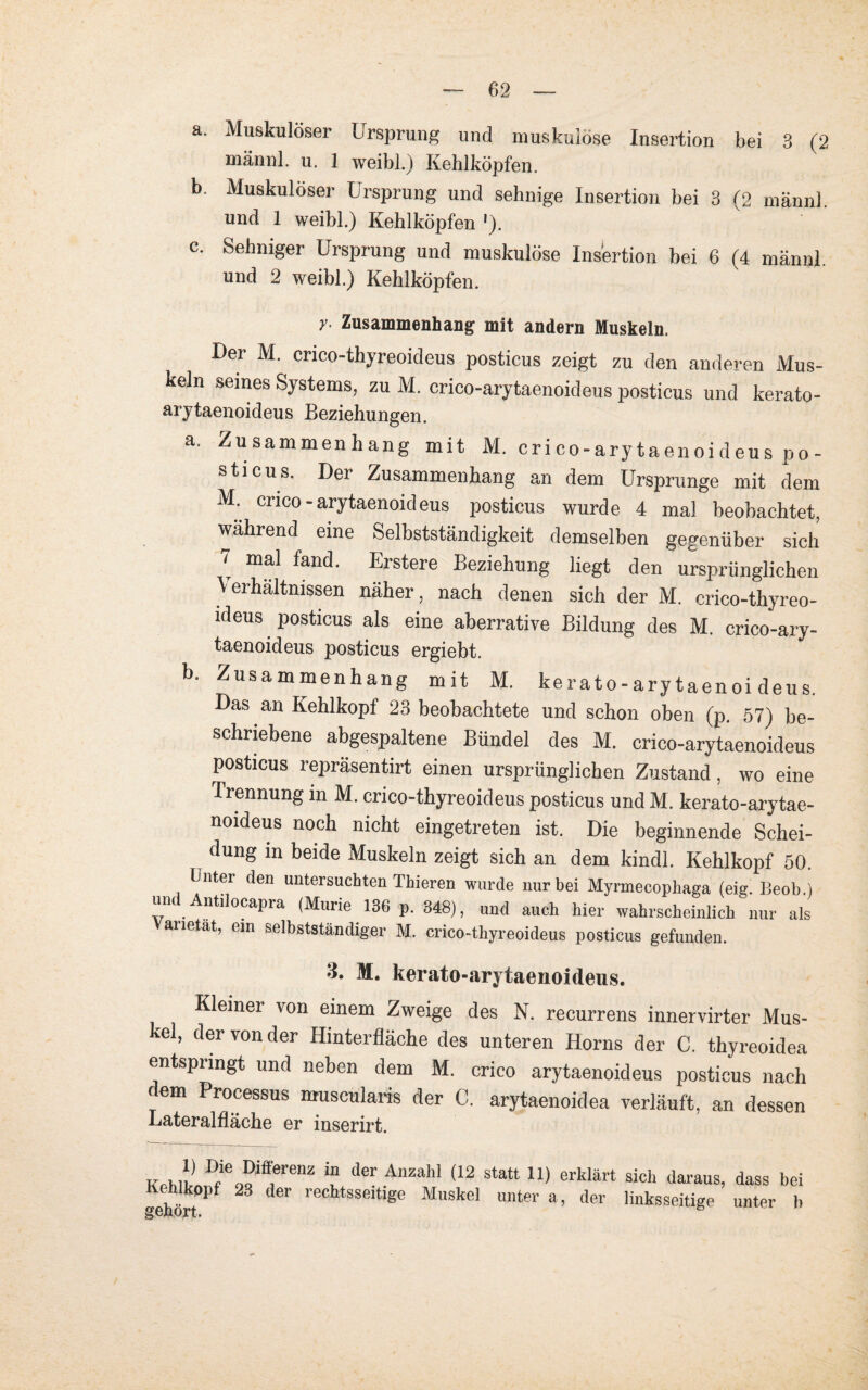 a. Muskulöser Ursprung und muskulöse Insertion bei 3 (2 männl. u. 1 weibl.) Kehlköpfen. b. Muskulöser Ursprung und sehnige Insertion bei 3 (2 männl. und 1 weibl.) Kehlköpfen '). c. Sehniger Ursprung und muskulöse Insertion bei 6 (4 männl. und 2 weibl.) Kehlköpfen. y. Zusammenhang mit andern Muskeln. Der M. crico-thyreoideus posticus zeigt zu den anderen Mus¬ keln seines Systems, zu M. crico-arytaenoideus posticus und kerato- arytaenoideus Beziehungen. a. Zusammenhang mit M.crico-arytaenoideuspo- sticus. Der Zusammenhang an dem Ursprünge mit dem M. crico-arytaenoideus posticus wurde 4 mal beobachtet, während eine Selbstständigkeit demselben gegenüber sich [ mal fand- Erstere Beziehung liegt den ursprünglichen Verhältnissen näher, nach denen sich der M. crico-thyreo- ideus posticus als eine aberrative Bildung des M. crico-ary- taenoideus posticus ergiebt. b. Zusammenhang mit M. kerato-ary taenoi deus. Das an Kehlkopf 23 beobachtete und schon oben (p. 57) be¬ schriebene abgespaltene Bündel des M. crico-arytaenoideus posticus repräsentirt einen ursprünglichen Zustand, wo eine Trennung in M. crico-thyreoideus posticus und M. kerato-arytae- noideus noch nicht eingetreten ist. Die beginnende Schei¬ dung in beide Muskeln zeigt sich an dem kindl. Kehlkopf 50. Unter den untersuchten Thieren wurde nur bei Myrmecophaga (eig. Beob.) un Antilocapra (Murie 136 p. 348), und auch hier wahrscheinlich nur als Varietät, ein selbstständiger M. crico-thyreoideus posticus gefunden. 3. M. kerato-arytaenoideus. Kleiner von einem Zweige des N. recurrens innervirter Mus¬ kel, der von der Hinterfläche des unteren Horns der C. thyreoidea entspringt und neben dem M. crico arytaenoideus posticus nach dem Processus muscularis der C. arytaenoidea verläuft, an dessen Lateralfläche er inserirt. „ ** Differenz m der Anzahl (12 statt 11) erklärt sich daraus Kehlkopf 23 der rechtsseitige Muskel unter a, der linksseitige gehört. e , dass bei unter b