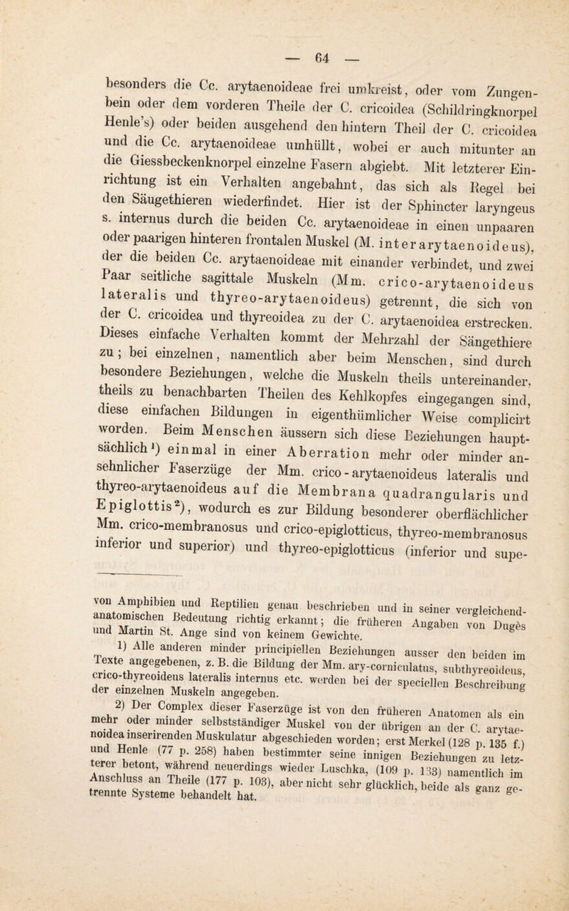 besonders die Cc. arytaenoideae frei umkreist, oder vom Zungen¬ bein oder dem vorderen Theile der C. cricoidea (Schildringknorpel Henle’s) oder beiden ausgehend den hintern Theil der C. cricoidea und die Cc. arytaenoideae umhüllt, wobei er auch mitunter an die Giessbeckenknorpel einzelne Fasern abgiebt. Mit letzterer Ein¬ richtung ist ein Verhalten angebahnt, das sich als Regel bei den Säugethieren wiederfindet. Hier ist der Spliincter laryngeus s. internus durch die beiden Cc. arytaenoideae in einen unpaaren oder paarigen hinteren frontalen Muskel (M. int e r ary taen o i d e us), der die beiden Cc. arytaenoideae mit einander verbindet, und zwei’ Paar seitliche sagittale Muskeln (Mm. crico-arytaenoideus lateralis und thyreo-arytaenoideus) getrennt, die sich von der C. cricoidea und thyreoidea zu der C. arytaenoidea erstrecken. Dieses einfache Verhalten kommt der Mehrzahl der Sängethiere zu; bei einzelnen, namentlich aber beim Menschen, sind durch besondere Beziehungen, welche die Muskeln theils untereinander, theils zu benachbarten Theilen des Kehlkopfes eingegangen sind, diese einfachen Bildungen in eigenthümlicher Weise complicirt worden. Beim Menschen äussern sich diese Beziehungen haupt¬ sächlich') einmal in einer Aberration mehr oder minder an¬ sehnlicher Faserzüge der Mm. crico-arytaenoideus lateralis und thyreo-arytaenoideus auf die Membrana quadrangularis und piglottis2), wodurch es zur Bildung besonderer oberflächlicher Mm. crico-membranosus und crico-epiglotticus, thyreo-membranosus inferior und superior) und thyreo-epiglotticus (inferior und supe- von Amphibien und Reptilien genau beschrieben und in seiner vergleichend- nd “„“st TUt,mg erkannt 5 dIe frUheren A*> und Martin bt. Ange sind von keinem Gewichte. 1) Alle anderen minder principiellen Beziehungen ausser den beiden im Texte angegebenen, z. B. die Bildung der Mm. ary-corniculatus, subthyreoideus crico-thyreoideus lateralis internus etc. werden bei der speciellen Beschreibung der einzelnen Muskeln angegeben. m , 2J C°™plex Faserzüge ist von den früheren Anatomen als ein mehr oder minder selbstständiger Muskel von der übrigen an der C. arvtae- noideamsenrenden Muskulatur abgeschieden worden; erst Merkel (128 p 135 f) ssskäsu* ■*» «•