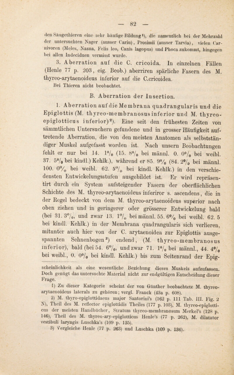 den Säugethieren eine sehr häufige Bildung >), die namentlich hei der Mehrzahl der untersuchten Nager (ausser Cariu), Prosimii (ausser Tarvia), vielen Car- nivoren (Meies, Nasua, Felis leo, Canis lagopus) und Phoca zukommt, hingegen bei allen Indeciduen vermisst wurde. 3. Aberration auf die C. cricoida. In einzelnen Fällen (Henle 77 p. 203, eig. Beob.) aberriren spärliche Fasern des M. thyreo-arytaenoideus inferior auf die C.cricoidea. Bei Thieren nicht beobachtet. B. Aberration der Insertion. 1. Aberration auf die Membrana quadrangularis und die Epiglottis (M. thyreo-membranosus inferior und M. thyreo- epiglotticus inferior)2). Eine seit den frühesten Zeiten von sämmtlichen Untersuchern gefundene und in grosser Häufigkeit auf¬ tretende Aberration, die von den meisten Anatomen als selbststän¬ diger Muskel aufgefasst worden ist. Nach unsern Beobachtungen fehlt er nur bei 14. 1% (15. 8°/0 bei männl. 0. 0% bei weibl. 37. 5% bei kindl.) Kehlk.), während er 85. 9% (84.2% bei männl. 100. 0°/o bei weibl. 62. 5°/0 bei kindl. Kehlk.) in den verschie¬ densten Entwickelungsstufen ausgebildet ist. Er wird repräsen- tirt durch ein System aufsteigender Fasern der oberflächlichen Schichte des M. thyreo-arytaenoideus inferiror s. ascendens, die in der Regel bedeckt von dem M. thyreo-arytaenoideus superior nach oben ziehen und in geringerer oder grösserer Entwickelung bald (bei 31.3%, und zwar 13. 1% bei männl. 55. 6% bei weibl. 62. 5 bei kindl. Kehlk.) in der Membrana quadrangularis sich verlieren, mitunter auch hier von der C. arytaenoidea zur Epiglottis ausge¬ spannten Sehnenbogen3) endend, (M. thyreo-membranosus inferior), bald (bei 54. 6%, und zwar 71. 1% bei männl., 44. 4% bei weibl., 0. 0% bei kindl. Kehlk.) bis zum Seitenrand der Epig- scheinlichkeit als eine wesentliche Beziehung dieses Muskels aufzufassen. Doch genügt das untersuchte Material nicht zur endgültigen Entscheidung dieser Frage. 1) Zu dieser Kategorie scheint der von Günther beobachtete M. thyreo- arytaenoideus laterals zu gehören; vergl. Franck (43a p. 608). 2) M. thyro-epiglottidaeus major Santorini’s (162 p. 111 Tab. III. Fig. 2 N), Theil des M. reflector epiglottidis Theiles (177 p. 103), M. thyreo-epiglotti- cus der meisten Handbücher, Stratum thyreo-membranosum MerkePs (128 p. 146), Theil des M. thyreo-ary-epiglotticus Henle’s (77 p. 262), M. dilatator vestibuli laryngis Luschka’s (109 p. 135). 3) Vergleiche Henle (77 p. 263) und Luschka (109 p. 136).