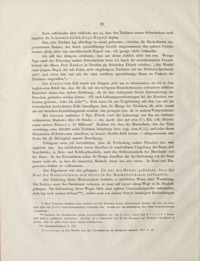 Noch auffallender aber vielleicht war es, dass den Trichinen meines Schweinchens auch zugleich die bekannte kalkhaltige Kapsel abging. Eine jede Trichina lag allerdings in einem grösseren, zwischen die Muskelfasern ein¬ geschobenen Raume, der durch spindelförmige Gestalt einigermaassen den spätem Cysten¬ räumen glich, aber eine umschliessende Kapsel war, wie gesagt, nicht vorhanden. Ich will hier übrigens erwähnen, dass mir dieser Anblick nicht neu war. Wenige Tao-e nach der Fütterung meines Schweinchens hatte ich durch die zuvorkommende Freund- lichkeit des Herrn Prof. Zenker in Dresden ein Stückchen Fleisch erhalten, „den Muskel einer jungen Magd, der mit freien, nicht eingebalgten Trichinen auf das Dichteste durchsetzt war“, und schon hier war mir der oben erwähnte spindelförmige Raum im Umkreis der Trichinen aufgefallen *). Der Z enker’sehe Fall wurde mir übrigens jetzt um so interessanter, als ich in dem begleitenden Briefe las, dass für die mit den heftigsten Muskelschmerzen verbundene tödtliche Krankheit kaum eine andere Erklärung, als die hier vorliegende frische Einwanderung der Parasiten, gefunden werden könnte. Ob auch Lähmungserscheinungen bei der Kranken vor¬ handen gewesen, weiss ich nicht**); doch muss ich zur Vergleichung mit dem von mir am Schweinchen beobachteten Falle hinzufügen, dass die Menge der Trichinen, die nicht einmal alle auf derselben Entwicklungsstufe standen, eine geringere war, als in meinem Versuchsthiere. Bei letzterem enthielten 6 Mgr. Fleisch (und das keineswegs von den am stärksten trichinisirten Muskeln) über 60 Stücke — das macht also auf etwa D/2 Kil. (die Fleisch¬ masse meines Thieres) c. 15 Millionen! Rechnen wir, dass der Hundedarm, den das Thier verschlang, etwa 250,000 weibl. Trichinen beherbergt habe (vgl. oben S. 11), und jeder dieser Helminthen 60 Embryonen einschloss, so kommt dieselbe Zahl heraus — einigermaassen eine Probe für die Richtigkeit unserer Berechnung. Uebrigens muss ich hervorheben, dass die Vertheilung meiner Parasiten eine sehr ungleiche war. Am reichlichsten waren dieselben in unmittelbarer Umgebung der Brust- und Bauchhöhle, in Hals- und Kehlkopfmuskeln, auch den Schliessmuskeln des Mastdarms und der Blase. In den Extremitäten nahm die Menge derselben mit der Entfernung von der Basis immer mehr ab, so dass die äussersten Muskeln daran nur arm waren. In Herz und Ein- o-eweiden fehlten sie vollkommen. O Das Experiment war also gelungen. Es war der Beweis geliefert, dass die Brut der Darmtrichinen sich direct in die Muskeltrichinen verwandelt. Zur Einleitung dieser Metamorphose bedurfte es natürlicher Weise einer Wanderung. Der Embryo muss den Darmkanal verlassen, er muss auf irgend einem Wege in die Muskeln gelangen. Die Erforschung dieses Weges blieb einer spätem Untersuchungsreihe Vorbehalten, doch lag nach meinen frühem***), seither auch von anderer Seite)) bestätigten Beobachtungen *) Diese Trichinen stimmten auch insofern mit den Parasiten meines Schweinchens überein, als auch in ihnen keine Spur des Farre’sehen Körnerhaufens vorhanden war. Gewiss nur eine Bestätigung der vorher ausgesprochenen Yermuthung. **) Nachdem das Obenstehende bereits niedergeschrieben war, hat Zenker seinen Fall in Virchow s Archiv 1860 Heft 5, ausführlich beschrieben. Derselbe ist so interessant und für die Kenntniss der Trichinen - Krankheit so wichtig, dass ich später noch einmal darauf zurückkomme. ***) Blasenbandwürmer S. 110. t) Leisering, in dem Bericht über das Veterinärwesen im Königreich Sachsen. 185 7. S. 22.