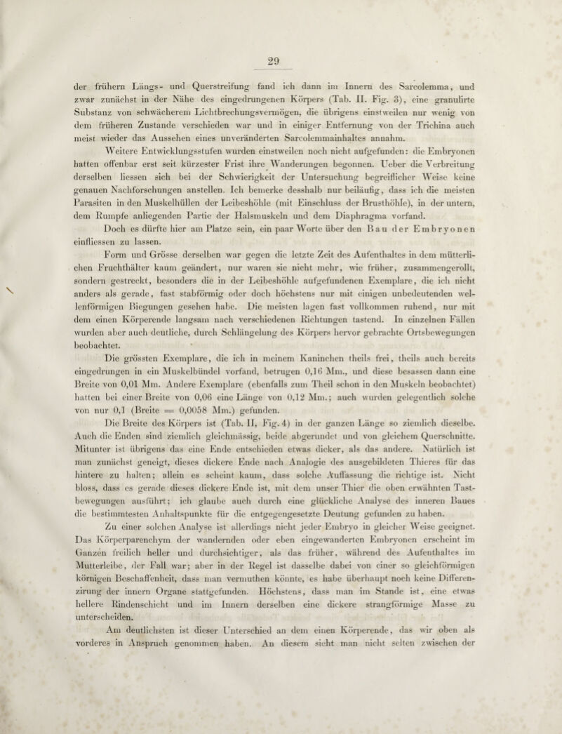 der frühem Längs- und Querstreifung fand ich dann im Innern des Sarcolemma, und zwar zunächst in der Nähe des eingedrungenen Körpers (Tab. II. Fig. 3), eine granulirte Substanz von schwächerem Lichtbrechungsvermögen, die übrigens einstweilen nur wenig von dem früheren Zustande verschieden war und in einiger Entfernung von der Trichina auch meist wieder das Aussehen eines unveränderten Sarcolemmainhaltes annahm. Weitere Entwicklungsstufen wurden einstweilen noch nicht aufgefunden: die Embryonen hatten offenbar erst seit kürzester Frist ihre Wanderungen begonnen. Ueber die Verbreitung derselben Hessen sich bei der Schwierigkeit der Untersuchung begreiflicher Weise keine genauen Nachforschungen anstellen. Ich bemerke desshalb nur beiläufig, dass ich die meisten Parasiten in den Muskelhüllen der Leibeshöhle (mit Einschluss der Brusthöhle), in der untern, dem Rumpfe anliegenden Partie der Halsmuskeln und dem Diaphragma vorfand. Doch es dürfte hier am Platze sein, ein paar Worte über den Bau der Embryonen einfliessen zu lassen. Form und Grösse derselben wrar gegen die letzte Zeit des Aufenthaltes in dem mütterli- chen Fruchthälter kaum geändert, nur waren sie nicht mehr, wie früher, zusammengerollt, sondern gestreckt, besonders die in der Leibeshöhle aufgefundenen Exemplare, die ich nicht anders als gerade, fast stabförmig oder doch höchstens nur mit einigen unbedeutenden wel- Unförmigen Biegungen gesehen habe. Die meisten lagen fast vollkommen ruhend, nur mit dem einen Körperende langsam nach verschiedenen Richtungen tastend. In einzelnen Fällen wurden aber auch deutliche, durch Schlängelung des Körpers hervor gebrachte Ortsbewegungen beobachtet. Die grössten Exemplare, die ich in meinem Kaninchen theils frei, theils auch bereits eingedrungen in ein Muskelbündel vorfand, betrugen 0,16 Mm., und diese besassen dann eine Breite von 0,01 Mm. Andere Exemplare (ebenfalls zum Theil schon in den Muskeln beobachtet) hatten bei einer Breite von 0,06 eine Länge von 0,12 Mm.; auch wurden gelegentlich solche von nur 0,1 (Breite = 0,0058 Mm.) gefunden. Die Breite des Körpers ist (Tab. II, Fig. 4) in der ganzen Länge so ziemlich dieselbe. Auch die Enden sind ziemlich gleichmässig, beide abgerundet und von gleichem Querschnitte. Mitunter ist übrigens das eine Ende entschieden etwas dicker, als das andere. Natürlich ist man zunächst geneigt, dieses dickere Ende nach Analogie des ausgebildeten Thieres für das hintere zu halten; allein es scheint kaum, dass solche Auffassung die richtige ist. Nicht bloss, dass es gerade dieses dickere Ende ist, mit dem unser Thier die oben erwähnten Tast¬ bewegungen ausführt; ich glaube auch durch eine glückliche Analyse des inneren Baues die bestimmtesten Anhaltspunkte für die entgegengesetzte Deutung gefunden zu haben. Zu einer solchen Analyse ist allerdings nicht jeder Embryo in gleicher Weise geeignet. Das Körperparenchym der wandernden oder eben eingewanderten Embryonen erscheint im Ganzen freilich heller und durchsichtiger, als das früher, während des Aufenthaltes im Mutterleibe, der Fall war; aber in der Regel ist dasselbe dabei von einer so gleichförmigen körnigen Beschaffenheit, dass man vermuthen könnte, es habe überhaupt noch keine Differen- zirung der innern Organe stattgefunden. Höchstens, dass man im Stande ist, eine etwas hellere Rindenschicht und im Innern derselben eine dickere strangförmige Masse zu unterscheiden. Am deutlichsten ist dieser Unterschied an dem einen Körperende, das wir oben als vorderes in Anspruch genommen haben. An diesem sieht man nicht selten zwischen der