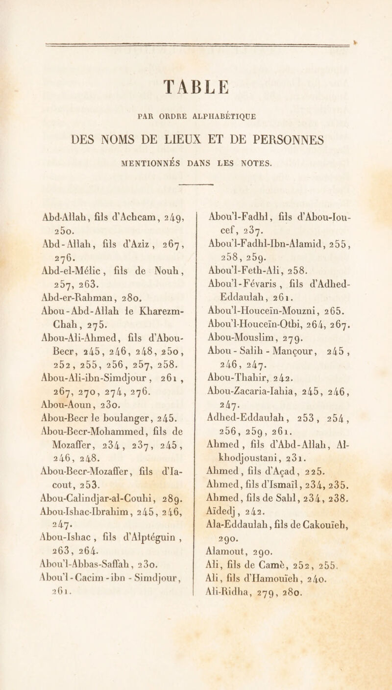 TABLE PAR ORDRE ALPHABÉTIQUE ÜES NOMS DE LIEUX ET DE PERSONNES MENTIONNÉS DANS LES NOTES. Abd-Allah, fils d’Achcam, 249, 25o. Abd-Allah, fils d’Aziz , 267, 276. Abd-el-Mélic, fils de Nouh, 267, 263. Abd-er-Rahman, 280. Abou-Abd-Allah le Kharezm- Chah, 275. Abou-Ali-Ahmed, fils d’Abou- Becr, 245, 246, 248,260, 252 , 2.55, 256, 267, 258. Abou-Ali-ibn-Simdjour , 261, 267, 270, 274,276. Abou-Aoun, 280. Abou-Becr le boulanger, 2 45. Abou-Becr-Mohammed, fils de Mozafîer, 234, 287, 245, 246, 248. Abou-Becr-Mozafifer, fils d’Ia- cout, 253. Abou-Calindjar-al-Couhi, 289. Abou-Ishac-Ibrahim, 245, 246, 247. Abou-Ishac , fils d’Alptéguin , 268, 264. Abou’l-Abhas-Saffah, 280. Abou’l - Cacim -ibn - Simdjour, Aboul-Fadhl, fils d’Abou-Iou- cef, 287. Abou’l-Fadhl-Ibn-Alamid, 2 55, 258, 289. Abou 1-Feth-Ali, 2 58. Abou l-Févaris , fils d’Adhed- Eddaulah, 261. Abou’l-Houceïn-Mouzni, 2 65. Abou’l-Houceïn-Otbi, 264, 267. Abou-Mouslim, 279. Abou - Salih - Mançour, 245 , 246, 247. Abou-Tliahir, 242. Abou-Zacaria-Iahia, 2 45, 2 46, 247. Adhed-Eddaulah , 2 53 , 2 54 , 256, 269,261. Ahmed, fils d'Abd-Allah, Al- hhodjoustani, 281. Ahmed, fils d’Açad, 2 2 5. Ahmed, fils d’Ismaïl, 284, 235. Ahmed, fils de Sahl, 284, 288. Aïdedj, 242. Ala-Eddaulah, fils de Cakouïeh, 290. Alamout, 290. Ali, fils de Camé, 282, 255. Ali, fils d’Hamouïeh, 2 4o.