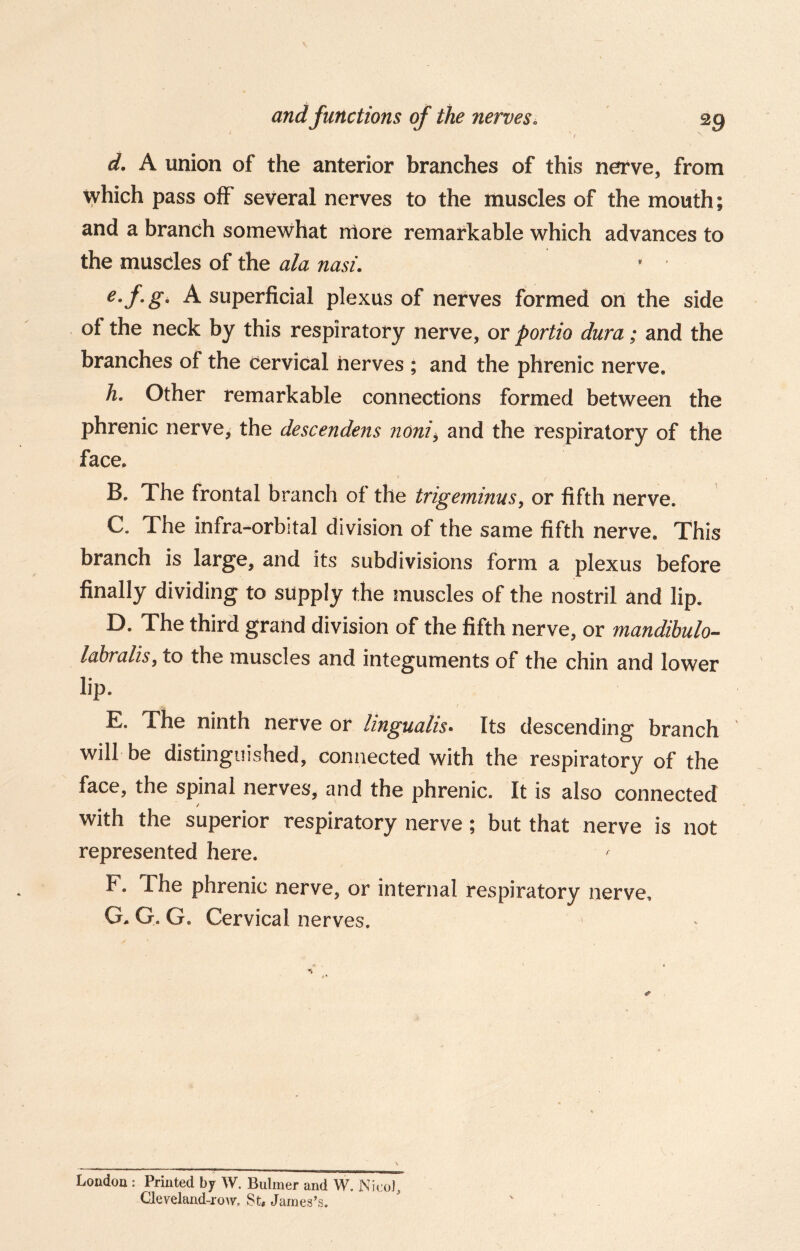 d. A union of the anterior branches of this nerve, from which pass off several nerves to the muscles of the mouth; and a branch somewhat more remarkable which advances to the muscles of the ala nasi. e-f-g* A superficial plexus of nerves formed on the side of the neck by this respiratory nerve, or portio dura; and the branches of the cervical nerves ; and the phrenic nerve. h. Other remarkable connections formed between the phrenic nerve, the descendens iioni^ and the respiratory of the face. B. The frontal branch of the trigeminus, or fifth nerve. C. The infra-orbital division of the same fifth nerve. This branch is large, and its subdivisions form a plexus before finally dividing to supply the muscles of the nostril and lip. D. The third grand division of the fifth nerve, or mandihulo- labralis, to the muscles and integuments of the chin and lower lip. E. The ninth nerve or lingualis. Its descending branch will be distinguished, connected with the respiratory of the face, the spinal nerves, and the phrenic. It is also connected ✓ with the superior respiratory nerve; but that nerve is not represented here. F. The phrenic nerve, or internal respiratory nerve, G. G. G. Cervical nerves. London : Printed by W. Buhner and W. Nice], Cleveland-row. St* James’s.