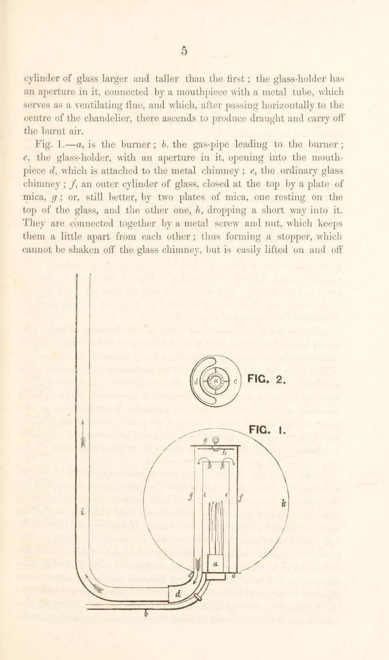 cylinder of glass larger and taller than the first; the glass-holder has an aperture in it, connected by a mouthpiece with a metal tube, which serves as a ventilating flue, and which, after passing horizontally to the centre of the chandelier, there ascends to produce draught and carry off the burnt air. Fig. 1.—a, is the burner; b. the gas-pipe leading to the burner; c, the glass-holder, with an aperture in it, opening into the mouth- piece d, which is attached to the metal chimney ; e, the ordinary glass chimney; /, an outer cylinder of glass, closed at the top by a plate of mica, g ; or, still better, b}^ two plates of mica, one resting on the top of the glass, and the other one, li, dropping a short way into it. They are connected together by a metal screw and nut, which keeps them a little apart from each other; thus forming a stopper, which cannot be shaken off the glass chimney, but is easily lifted on and off