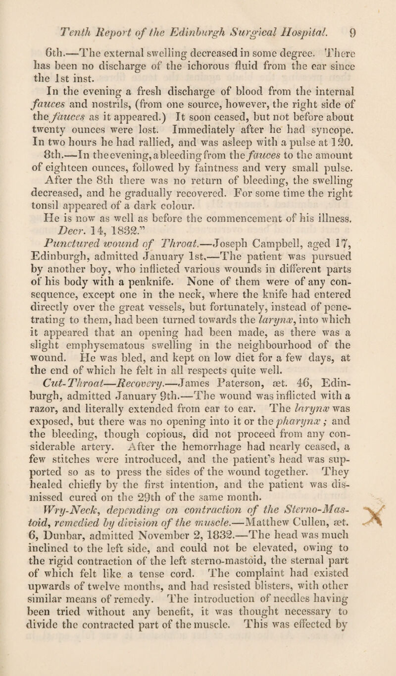 6th.—-The external swelling decreased in some degree. There has been no discharge of the ichorous fluid from the ear since the 1st inst. In the evening a fresh discharge of blood from the internal fauces and nostrils, (from one source, however, the right side of tho fauces as it appeared.) It soon ceased, but not before about twenty ounces were lost. Immediately after he had syncope. In two hours he had rallied, and was asleep with a pulse at 120. 8th.-—In the evening, ableedingfrom the fauces to the amount of eighteen ounces, followed by faintness and very small pulse. After the 8th there wras no return of bleeding, the swelling decreased, and he gradually recovered. For some time the right tonsil appeared of a dark colour. Fie is now as well as before the commencement of his illness. Deer. 14, 1832” Punctured veound of Throat.—Joseph Campbell, aged 17, Edinburgh, admitted January 1st.—-The patient was pursued by another boy, who inflicted various wounds in different parts of his body with a penknife. None of them were of any con¬ sequence, except one in the neck, where the knife had entered directly over the great vessels, but fortunately, instead of pene¬ trating to them, had been turned towards the larynx, into which it appeared that an opening had been made, as there was a slight emphysematous swelling in the neighbourhood of the wound. He was bled, and kept on low diet for a few days, at the end of which he felt in all respects quite well. Cut-Throat—Recovery.—James Paterson, aet. 46, Edin¬ burgh, admitted January 9th.—The wound was inflicted with a razor, and literally extended from ear to ear. The larynx was exposed, but there was no opening into it or the pharynx; and the bleeding, though copious, did not proceed from any con¬ siderable artery. After the hemorrhage had nearly ceased, a few stitches were introduced, and the patient's head was sup¬ ported so as to press the sides of the wound together. They healed chiefly by the first intention, and the patient was dis¬ missed cured on the 29th of the same month. Wry-Neck, depending on contraction of the Sterno-Mas¬ toid, remedied by division of the muscle.—Matthew Cullen, set. 6, Dunbar, admitted November 2, 1832.—The head was much inclined to the left side, and could not be elevated, owing to the rigid contraction of the left sterno-mastoid, the sternal part of which felt like a tense cord. The complaint had existed upwards of twelve months, and had resisted blisters, with other similar means of remedy. The introduction of needles having been tried without any benefit, it wras thought necessary to divide the contracted part of the muscle. This was effected by