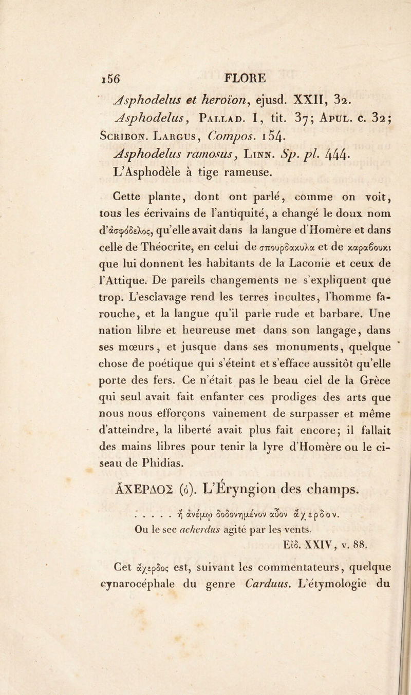 i i56 FLORE Asphodelus et heroïon, ejusd. XXII, 32. Asphodelus, Pallad. I, tit. 3y; Apul. c. 32; Scribon. Largus, Compas. 154* Asphodelus ramosus, Linn. Sp. pl. L’Asphodèle à tige rameuse. Cette plante, dont ont parlé, comme on voit, tous les écrivains de l’antiquité, a changé le doux nom d’a<rcpoÔ£Àoç, quelle avait dans la langue d Homère et dans celle de Théocrite, en celui de crTroupoaxuÀa et de xapaêouxi que lui donnent les habitants de la Laconie et ceux de l’Attique. De pareils changements ne s expliquent que trop. L’esclavage rend les terres incultes, l’homme fa- rouche, et la langue qu’il parle rude et barbare. Une nation libre et heureuse met dans son langage, dans ses mœurs, et jusque dans ses monuments, quelque chose de poétique qui s’éteint et s’efface aussitôt qu’elle porte des fers. Ce n’était pas le beau ciel de la Grèce qui seul avait fait enfanter ces prodiges des arts que nous nous efforçons vainement de surpasser et même d’atteindre, la liberté avait plus fait encore; il fallait des mains libres pour tenir la lyre d’Homère ou le ci- seau de Phidias. ÂXEPA02 (6). L’Éryngion des champs. ..... ÿ\ àvepuo SoSovriptivov auov ayspSov. Ou le sec acherdus agité par les vents. Eta. XXIV, v. 88. Cet a^spSoç est, suivant les commentateurs, quelque cynarocéphale du genre Carduus. L’étymologie du