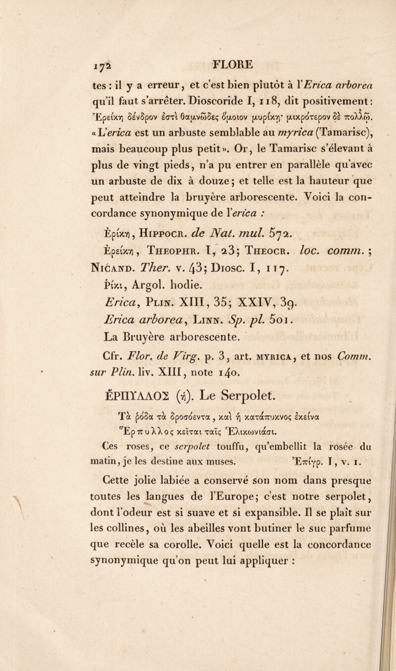 tes : il y a erreur, et c’est bien plutôt à Y Erica arborea qu’il faut s’arrêter. Dioscoride I, 118, dit positivement: ’Epeixv] SevSpov Icxi ôauvwSeç oixotov ptupix'/)’ [rtxpoxepov 8s ttoXXo). «L’erica est un arbuste semblable au myrica (Tamarisc), mais beaucoup plus petit». Or, le Tamarisc s’élevant à plus de vingt pieds, n’a pu entrer en parallèle qu’avec un arbuste de dix à douze ; et telle est la hauteur que peut atteindre la bruyère arborescente. Voici la con- cordance synonymique de Yerica : Èpixvi, Hippocr. de Nat. mul. 572. Èpsixv), Theophr. T, 23; Theocr. loc. comm. ; Nicand. Ther. v. 43; Diosc. I, 117. Pwct, Argol. hodie. Erica, Plin. XIII, 35; XXIV, 3ç). Erica arborea, Linn. V/?. /;/. 5oi. La Bruyère arborescente. Cfr. Flor. de Eirg. p. 3, art. myrica, et nos Comm. sur Plln. liv* XIII, note i4o. ÉPIIYAA02 (ri). Le Serpolet. Ta poSa xa Spocrosvxa, xat *f) xaxonruxvoç Ixsiva ^EpTCuXXoç xsïxai xaïç 'EXtxamacrt. Ces roses, ce serpolet touffu, qu’embellit la rosée du matin, je les destine aux muses. ’E^typ. I, v. 1. Cette jolie labiée a conservé son nom dans presque toutes les langues de l’Europe; c’est notre serpolet, dont l’odeur est si suave et si expansible. Il se plaît sur les collines, où les abeilles vont butiner le suc parfume que recèle sa corolle. Voici quelle est la concordance synonymique qu’on peut lui appliquer :