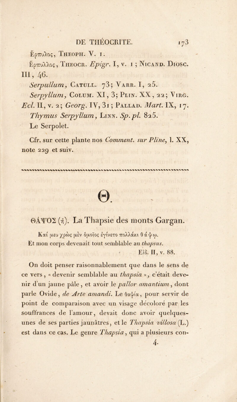 Ëp7tiAo;, Theoph. V. i. ËpiruXXoç, Theocr. Epigr. I, v. i ; Nicand. Diosc. III, 46. Serpulluni, Catcjll. 73; Yarr. I, 2 5. Serpyllum, Colum. XI, 3; Pliiv. XX, 22 ; Yirg. Ecl. II, v. 2; Georg. IV, 3i ; Pallad. Mart. IX, 17. Thymus Serpyllum, Linn. Sp.pl. 82 5. Le Serpolet. Cfr. sur cette plante nos Comment, sur Pline, 1. XX, note 229 et suiv. 0ÀTO2 (ti). La Thapsie des monts Gargan. Kat jj.su ^pwç pdv o[jt.oïoç syivsTO TuoXXaxi ô a tp w. Et mon corps devenait tout semblable au thapsus. > ElB. Iï,v. 88. On doit penser raisonnablement que dans le sens de ce vers , « devenir semblable au thcipsia », c’était deve- nir d’un jaune pâle, et avoir le pallor amantium, dont parle Ovide, de Arte amandi. Le Ôa-jna, pour servir de point de comparaison avec un visage décoloré par les souffrances de l’amour, devait donc avoir quelques- unes de ses parties jaunâtres, et le Thapsia villosa (L.) est dans ce cas. Le genre Thapsia, qui a plusieurs con- 4-