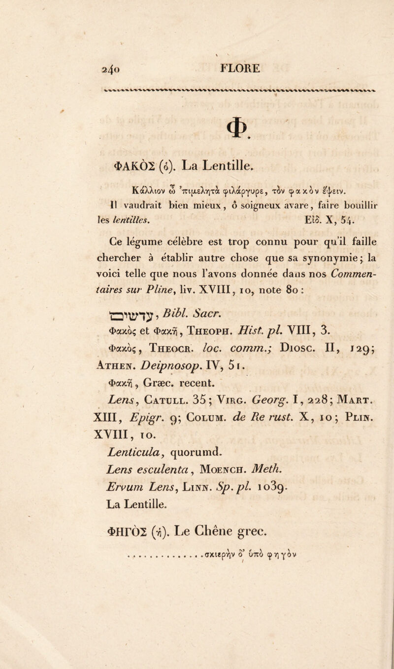 <i>. 3>AKÔ2 (0). La Lentille, KaXXtov w Vip-eXTiTa cpiXapyops, tov cpaxov e'^/stv. Il vaudrait bien mieux, ô soigneux avare, faire bouillir les lentilles. EcS. X, 54- Ce légume célèbre est trop connu pour qu’il faille chercher à établir autre chose que sa synonymie; la voici telle que nous l’avons donnée dans nos Commen- taires sur Pline, liv. XVIII, 10, note 80 : , Ribl. Sacr. <î>axoç et <ï>a>ô), Theoph. HisL pi. VIII, 3. 4>axoç, Theocr. loc. comm.; Diosc. II, 129; Athen. Deipnosop. IV, 51. <ï>ax.ïi, Græc. recent. Lens, Catull. 35; Virg. Georg. I, 228; Mart. XIII, Epigr. 9; Colum. de Re rust. X, 10; Plin. XVIII, i o. Lenticula, quorumd. Lens esculenta, Moench. Meth. E/vum Lens, Linn. Sp.pl. 1039. La Lentille. <MrÔ2 (tî). Le Chêne grec. axitpYjv ô’ utco cp rj y 5v