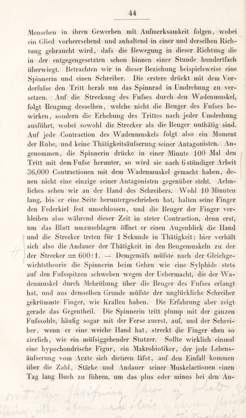 Menschen in ihren Gewerben mit Aufmerksamkeit folgen, wobei ein Glied vorherrschend und anhaltend in einer und derselben Rich¬ tung gebraucht wird, dafs die Bewegung in dieser Richtung die in der entgegengesetzten schon binnen einer Stunde hundertfach überwiegt. Betrachten wir in dieser Beziehung beispielsweise eine Spinnerin und einen Schreiber. Die erstere drückt mit dem Vor- derfufse den Tritt herab um das Spinnrad in Umdrehung zu ver¬ setzen. Auf die Streckung des Fufses durch den Wadenmuskel, folgt Beugung desselben, welche nicht die Beuger des Fufses be¬ wirken, sondern die Erhebung des Trittes nach jeder Umdrehung ausführt, wobei sowohl die Strecker als die Beuger unthätig sind. Auf jede Contraction des Wadenmuskels folgt also ein Moment der Ruhe, und keine Thätigkeitsäufserung seiner Antagonisten. An¬ genommen, die Spinnerin drücke in einer Minute 100 Mal den Tritt mit dem Fufse herunter, so wird sie nach 6 ständiger Arbeit 36,000 Contractionen mit dem Wadenmuskel gemacht haben, de¬ nen nicht eine einzige seiner Antagonisten gegenüber steht. Achn- liches sehen wir an der Hand des Schreibers. Wohl 10 Minuten lang, bis er eine Seite heruntergeschrieben hat, halten seine Finger den Federkiel fest umschlossen, und die Beuger der Finger ver¬ bleiben also während dieser Zeit in steter Contraction, denn erst, um das Blatt umzuschlagen öffnet er einen Augenblick die Hand ! und die Strecker treten für 1 Sekunde in Thätigkeit; hier verhält sich also die Andauer der Thätigkeit in den Beugemuskeln zu der der Strecker = 600:1. — Demgemäfs müfste nach der Gleichge¬ wichtstheorie die Spinnerin beim Gehen wie eine Sylphide stets auf den Fufsspitzen schweben wegen der Uebermacht, die der Wa¬ denmuskel durch Mehrübung über die Beuger des Fufses erlangt hat, und aus demselben Grunde müfste der unglückliche Schreiber gekrümmte Finger, wie Krallen haben. Die Erfahrung aber zeigt gerade das Gegentheil. Die Spinnerin tritt plump mit der ganzen Fufssohle, häufig sogar mit der Ferse zuerst, auf, und der Schrei¬ ber, wenn er eine weiche Hand hat, streckt Hie Finger eben so zierlich, wie ein müfsiggehender Stutzer. Sollte wirklich einmal eine hypochondrische Figur, ein Makrobiotiker, der jede Lebens- äufserung vom Arzte sich dictiren läfst, auf den Einfall kommen über die Zahl, Stärke und Andauer seiner Muskelactionen einen Tag lang Buch zu führen, um das plus oder minus bei den An- ... / -;1’ / / / f / /?. _ „ . 9 L . ~