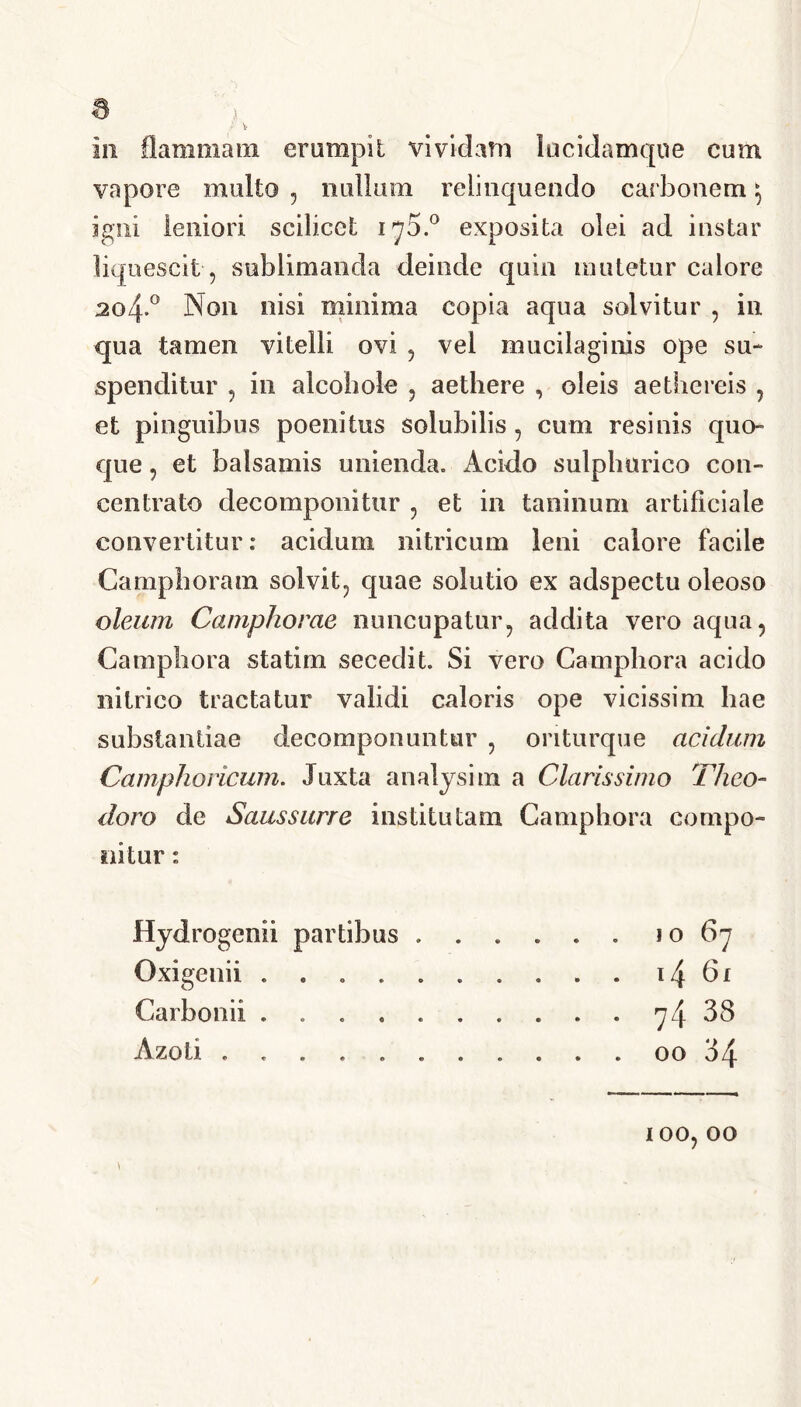 a In flammam erumpit vividam lucidamque cum vapore multo , nullum relinquendo carbonem $ igni leniori scilicet i^S.0 exposita olei ad instar liquescit, sublimanda deinde quin mutetur calore 3o4-° Non nisi minima copia aqua solvitur , in qua tamen vitelli ovi , vel mucilaginis ope su- spenditur ? in alcohole , aethere , oleis aethcreis , et pinguibus poeni tus solubilis, cum resinis quo- que , et balsamis unienda. Acido sulpburico con- centrato decomponitur , et in taninum artificiale convertitur: acidum nitricum leni calore facile Camphoram solvit, quae solutio ex adspectu oleoso oleum Camphorae nuncupatur, addita vero aqua, Campbora statim secedit. Si vero Campliora acido nitrico tractatur validi caloris ope vicissim hae substantiae decomponuntur , oriturque acidum Camphoricum. Juxta analysim a Clarissimo Theo- doro de Saussurre institutam Campbora compo- nitur : Hydrogenii partibus i o 67 Oxigenii . . 14 6i Carbonii . . . . 74 38 Azoti ........... 00 34