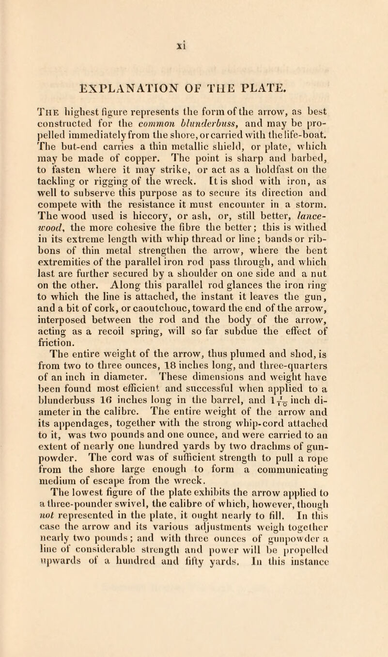 EXPLANATION OF THE PLATE. The highest figure represents the form of the arrow, as best constructed for the common blunderbuss, and may be pro¬ pelled immediately from the shore, or carried with the life-boat. The but-end carries a thin metallic shield, or plate, which may be made of copper. The point is sharp and barbed, to fasten where it may strike, or act as a holdfast on the tackling or rigging of the wreck. It is shod with iron, as well to subserve this purpose as to secure its direction and compete with the resistance it must encounter in a storm. The wood used is hiccory, or ash, or, still better, lance- wood, the more cohesive the fibre the better; this is withed in its extreme length with whip thread or line; bands or rib¬ bons of thin metal strengthen the arrow, where the bent extremities of the parallel iron rod pass through, and which last are further secured by a shoulder on one side and a nut on the other. Along this parallel rod glances the iron ring to which the line is attached, the instant it leaves the gun, and a bit of cork, or caoutchouc, toward the end of the arrow, interposed between the rod and the body of the arrow, acting as a recoil spring, will so far subdue the effect of friction. The entire weight of the arrow, thus plumed and shod, is from two to three ounces, 18 inches long, and three-quarters of an inch in diameter. These dimensions and weight have been found most efficient and successful when applied to a blunderbuss 1(5 inches long in the barrel, and inch di¬ ameter in the calibre. The entire weight of the arrow and its appendages, together with the strong whip-cord attached to it, was two pounds and one ounce, and were carried to an extent of nearly one hundred yards by two drachms of gun¬ powder. The cord was of sufficient strength to pull a rope from the shore large enough to form a communicating medium of escape from the wreck. The lowest figure of the plate exhibits the arrow applied to a three-pounder swivel, the calibre of which, however, though not represented in the plate, it ought nearly to fill. In this case the arrow and its various adjustments weigh together nearly two pounds; and with three ounces of gunpowder a line of considerable strength and power will be propelled upwards of a hundred and fifty yards. In this instance