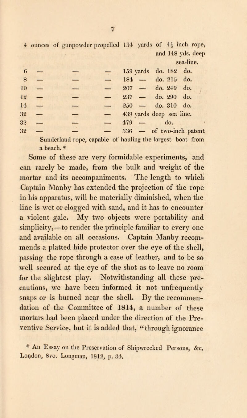 4 6 8 10 12 14 32 ounces of gunpowder propelled 134 yards of 4\ inch rope, and 148 yds. deep sea-line. — — — 159 yards do. 182 do. — — — 184 — do. 215 do. — — — 207 — do. 249 do. — — — 237 — do. 290 do. — — — 250 — do. 310 do. — — — 439 yards deep sea line. 32 — — — 479 — do. 32 — — — 33G — of two-inch patent Sunderland rope, capable of hauling the largest boat from a beach.* Some of these are very formidable experiments, and can rarely be made, from the bulk and weight of the mortar and its accompaniments. The length to which Captain Manby has extended the projection of the rope in his apparatus, will be materially diminished, when the line is wet or clogged with sand, and it has to encounter a violent gale. My two objects were portability and simplicity,—to render the principle familiar to every one and available on all occasions. Captain Manby recom¬ mends a platted hide protector over the eye of the shell, passing the rope through a case of leather, and to be so well secured at the eye of the shot as to leave no room for the slightest play. Notwithstanding all these pre¬ cautions, we have been informed it not unfrequently snaps or is burned near the shell. By the recommen¬ dation of the Committee of 1814, a number of these mortars had been placed under the direction of the Pre¬ ventive Service, but it is added that, “through ignorance * An Essay on the Preservation of Shipwrecked Persons, &c. Loudon, 8vo. Longman, 1812, p. 34.