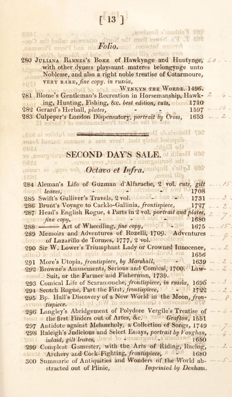 Folio. 280 Juliana Barnes’s Boke of Hawkynge and Huntynge, 4 0 with other dyuers playsaunt materes belongvnge unto Noblesse, and also a right noble treatise of Cotarmoure, very rare, fine copy. in russia, Wynkyn the Worde. 1496. 281 Blome’s Gentleman’s Recreation in Horsemanship, Hawk- ing, Hunting, Fishing, &c. best edition, cuts, 1710 282 Gerard’s Herball, plates, - - 1597 283 Culpeper’s London Dispensatory, portrait by Cross, 1653 _ SECOND DAYS SALE. Octavo et Infra. 2S4 Aleman’s Life of Guzman d’Alfarache, 2 vol. cuts, gilt leaves, - - - 1708 285 Swift’s Gulliver’s Travels, 2 vol. - - 1731 286 Brunt’s Voyage to Cacklo-Gallinia, frontispiece, 1727 287 Head’s English Rogue, 4 Parts in 2 vol. portrait and plates, jine copy, - - - 1680 288 Art of Wheedling, fine copy, - 16/5 *_ 289 Memoirs and Adventures of Rozelli, 1709. Adventures of Lazarillo de Tormes, 1777* 2 vol. 290 Sir W. Lower’s Triumphant Lady or Crowned Innocence, - 1656 291 More’s Utopia, frontispiece, by Marshall, - 1639 — 292 Browne’s Amusements, Serious and Comical, 1700. Law- ^ Suit, or the Farmer and Fisherman, 1739. 293 Comical Life of Scaramouche, frontispiece, in russia, 1696 — 294 Scotch Rogue, Part the First, frontispiece, - 1722 295 Bp. Hall’s Discovery of a New World in the Moon,/row- tispiece. 296 Langley’s Abridgement of Polydore Vergile’s Treatise of the first Finders out of Artes, &c. Grafton, 1551 297 Antidote against Melancholy, a Collection of Songs, 1749 298 Raleigh’s Judicious and Select Essays, portrait by Vaughan, inlaid, gilt leaves, - - 1650 299 Compleat Gamester, with the Arts of Riding, Racing, Archery and Cock-Fighting, frontispiece, - 1680 300 Summarie of Antiquities and Wonders of the World ab- stracted out of Plinie, Imprinted by Denham.