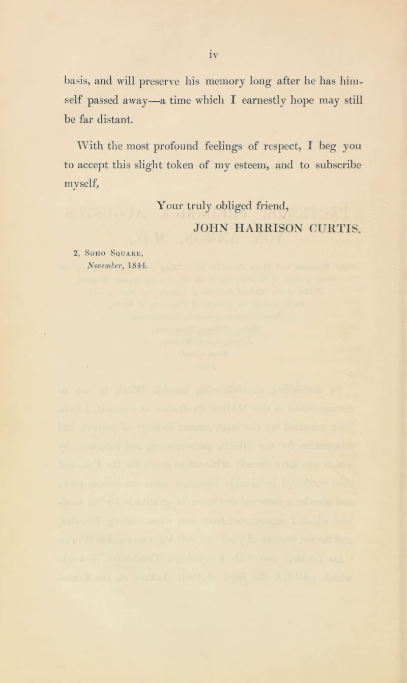 basis, and will preserve his memory long after he has him- self passed away—a time which I earnestly hope may still be far distant. With the most profound feelings of respect, I beg you to accept this slight token of my esteem, and to subscribe myself, Your truly obliged friend, JOHN HARRISON CURTIS. 2, Soho Square,