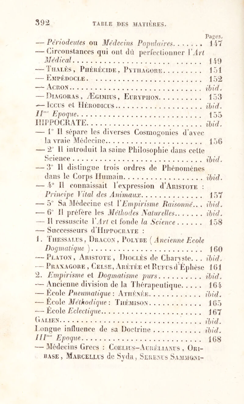 Pages, — Përiodentes ou Médecins Populaires. ...... 147 -—Circonstances qui ont dû perfectionner Y Art Médical 149 —-Thalès, Phérécide, Pytuagore. ........ 151 — Empédociæ 152 — Acron ibid. — Diagoras , Ægimïus , Euryphon. 153 — Iccus et Iïérodxcus ibid. ïîme Epoque 155 HIPPOCRATE _ ........ '. ibid. ~— 1° Il sépare les diverses Cosmogonies d’avec la vraie Médecine 156 — 2° 11 introduit la saine Philosophie dans cette Science . ibid. — 3° H distingue trois ordres de Phénomènes dans le Corps Humain. ....... ibid. -— 4° Il connaissait I expression d’AniSTOTE : Principe Vital des Animaux 157 -— 5° Sa Médecine est Y Empirisme Raisonné.. . ibid. — 6° I! préfère les Méthodes Naturelles.. ..... ibid. — Il ressuscite Y Art et fonde la Science 158 — Successeurs d’HippocRATE : 1. Tïiessalus , Dragon , Polÿbe ( Ancienne Ecole Dogmatique ). . . J 60 — Platon, Aristote, Dioclès de Charyste. . . ibid. — Praxagore , Celse, Arêtée et Refus d’Ëphèse 161 2. Empirisme et Dogmatisme purs ibid. — Ancienne division de la Thérapeutique. .... 164 -— Ecole Pneumatique : Athénée ibid. — École Méthodique : Thémison 165 — École Eclectique » 167 Galien. ibid. .Longue influence de sa Doctrine ibid. JIIme Epoque . . . \ 68 “ Médecins Grecs : Coeliüs-Aurélianu's , Orl- base , Margelles de Syda, Serenüs Sammôni-