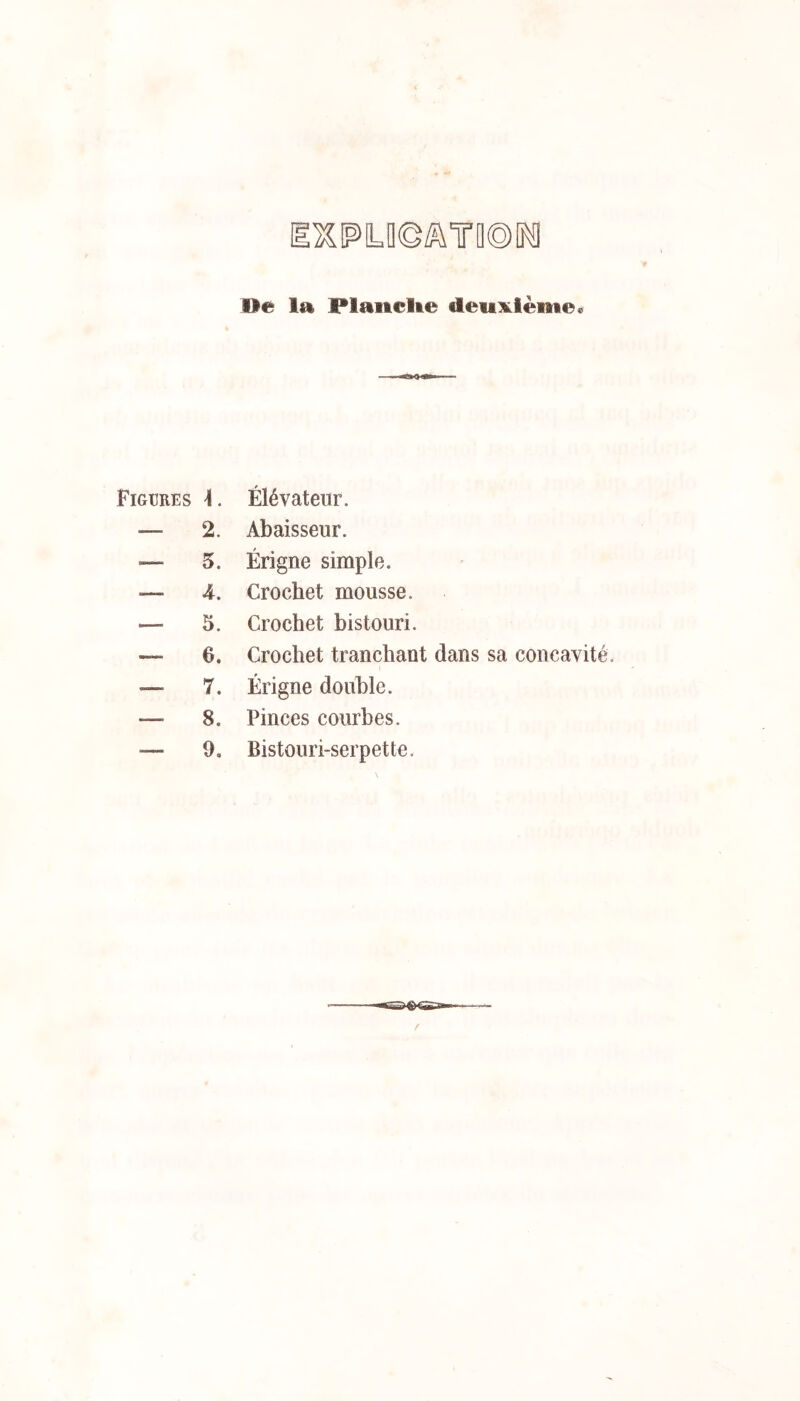 ^PLO©Æ\Tn®KI De la Plaitclie deuxième. Figures L Élévateur. — 2. Abaisseur. — 5. Érigne simple. — 4. Crochet mousse. — 5. Crochet bistouri. — 6. Crochet tranchant dans sa concavité. — 7. Érigne double. — 8. Pinces courbes. — 9. Bistouri-serpette.