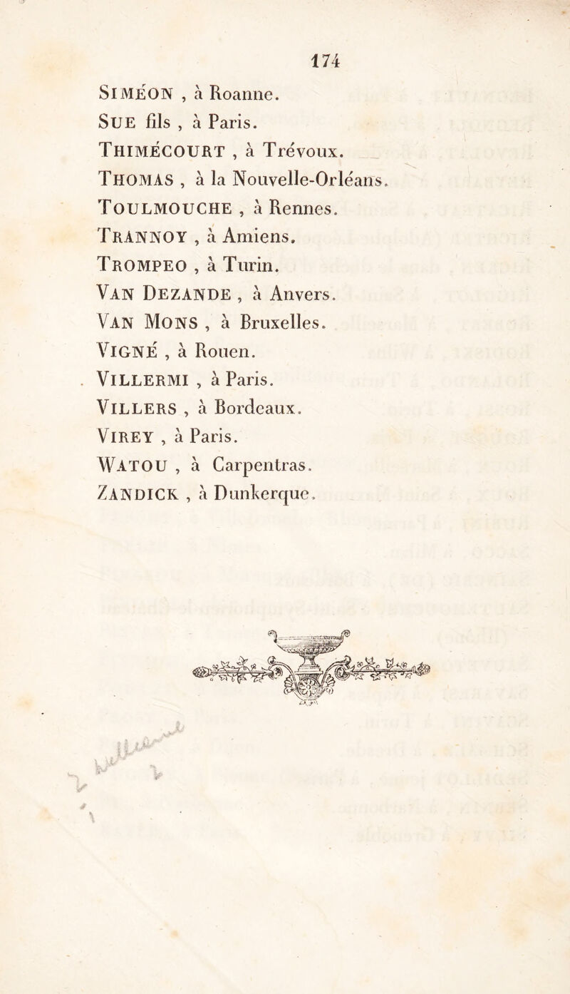 Simeon , à Roanne. Sue fils , à Paris. ThimÉCOURT , à Trévoux. THOMAS , à la Nouvelle-Orléans Toulmouche , à Rennes. TrANNOY , à Amiens. Trompeo , à Turin. Van DezANDE , à Anvers. Van Mo NS , à Bruxelles. Vigne , à Rouen. VlLLERMI , à Paris. VlLLERS , à Bordeaux. VlREY , à Paris. WATOU , à Carpenlras, Zandick , à Dunkerque.
