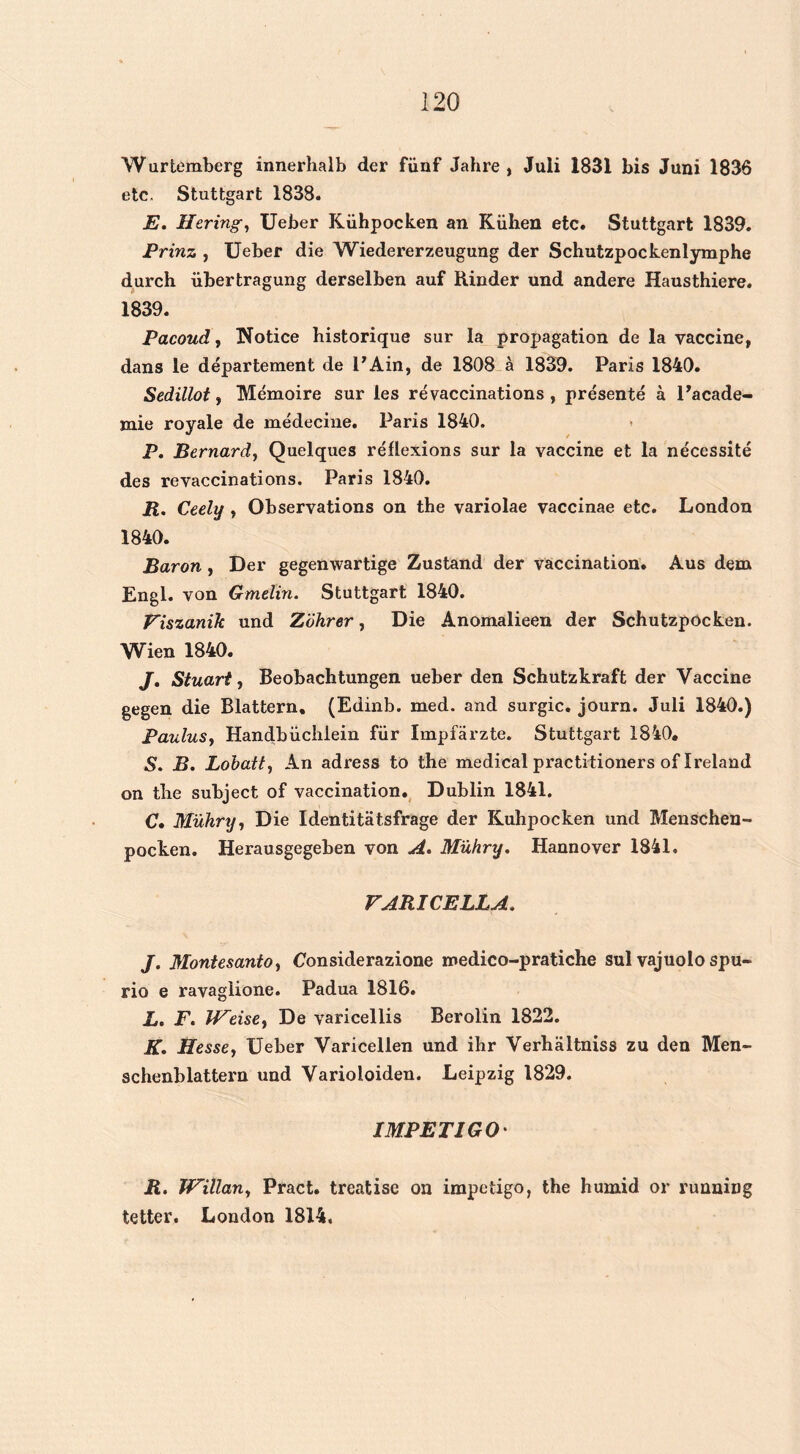 Wurtemberg innerlialb der fünf Jahre , Juli 1831 bis Juni 1836 etc. Stuttgart 1838. E, Hering, Ueber Kühpocken an Kühen etc. Stuttgart 1839. Prinz , Ueber die Wiedererzeugung der Schutzpockenlymphe durch übertragung derselben auf Kinder und andere Hausthiere. 1839. Pacoud, Notice historique sur la propagation de la vaccine, dans le département de 1’Ain, de 1808 a 1839. Paris 1840. Sedillot, Mémoire sur les révaccinations , présenté a Pacade- mie royale de médecine. Paris 1840. P. Bernard, Quelques réflexions sur la vaccine et la nécessité des révaccinations. Paris 1840. R. Ceely , Observations on the variolae vaccinae etc. London 1840. Baron , Der gegenwartige Zustand der vaccination. Aus dem Engl. von Gmelin. Stuttgart 1840. Fiszanik und Zöhrer, Die Anomalieën der Schutzpocken. Wien 1840. J. Stuart, Beobachtungen ueber den Schutzkraft der Vaccine gegen die Blattern. (Edinb. med. and surgic. journ. Juli 1840.) Paulus, Handbüchiein für Impfarzte. Stuttgart 1840. S. B. Lobatt, An adress to the medical practitioners of Ireland on the subject of vaccination. Dublin 1841. C. Mührij, Die Identitatsfrage der Kühpocken und Menschen- pocken. Herausgegeben von A. Mükry. Hannover 1841. FARICELLA, J. Montesanto, Considerazione medico-pratiche sul vajuolo spu- rio e ravaglione. Padua 1816. L. JP. lFeisey De varicellis Berolin 1822. K. Hesse, Ueber Varicellen und ihr Verhaltniss zu den Men- schenblattern und Varioloiden. Leipzig 1829. 1MPETIGO• R. Willan, Pract. treatisc on impetigo, the humid or running tetter. London 1814,