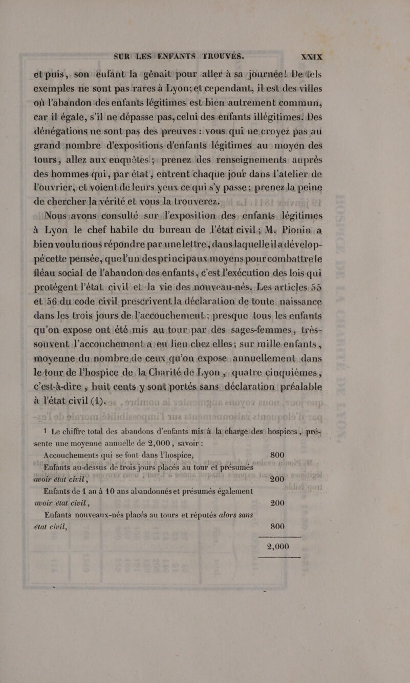 élpuis, son eufant la gènait pour aller à sa journée! De tels exemples ne sont pas rares à Lyon;et cependant, ilest des villes où l'abandon des enfants légitimes estbien autrement commun, car il égale, s’il ne dépasse pas, celui des enfants illégitimes: Des dénégations ne sont pas des preuves : vous qui ne croyez pas au grand nombre d'expositions d'enfants légitimes au moyen des tours, allez aux enquêtes ; prenez des renseignements: auprès des hommes qui, par état’, entrent chaque jour dans l’atelier de l’ouvrier, et voient. de leurs yeux ce qui s’y passe ; prenez la peine de chercher.la vérité et vous la trouverez. Nous .avons consulté sur, l’exposition des, enfants légitimes à Lyon le chef habile du bureau de l’état civil; M: Pionin.a bien voulu nous répondre par unelettre, danslaquelleila dévelop- pécette pensée, quel’un desprincipauxmoyenspour combattrele fléau social de l'abandon desenfants, c’est l'exécution des lois qui protégent l’état civil et la vie des nouveau-nés. Les articles, 55 et 6 du code civil prescrivent la déclaration de toute, naissance dans les trois jours de l'accouchement; presque tous les enfants qu’on expose ont été:mis autour par des sages-femmes, très- souvent l’accouchement:a eu lieu chez elles; sur mille enfants, moyenne du nombre de-ceux qu’on expose annuellement dans le:tour de l’hospice de la Charité de Lyon ;, quatre cinquièmes, c’est-à-dire ; huit cents ysont portés.sans déclaration préalable à l’état civil (1). 1 Le chiffre total des abandons d’enfants mis: à la charge:des hospices, pré- sente une moyenne annuelle de 2,000 , savoir : Accouchements qui se font dans l’hospice, 800 Enfants au-déssus de trois jours placés au tour et présumés avoir état civil, 4. À ET è 200 Enfants de 4 an à 40 ans abandonnés et présumés également avoir élat civil, 200 Enfants nouveaux-nés placés au tours et réputés alors sans état civil, 800