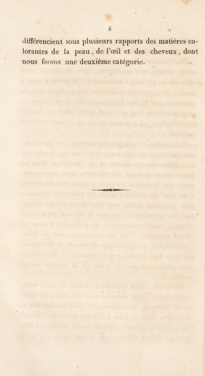 différencient sous plusieurs rapports des matières co- lorantes de la peau, de Fœil et des cheveux , dont nous ferons une deuxième catégorie.