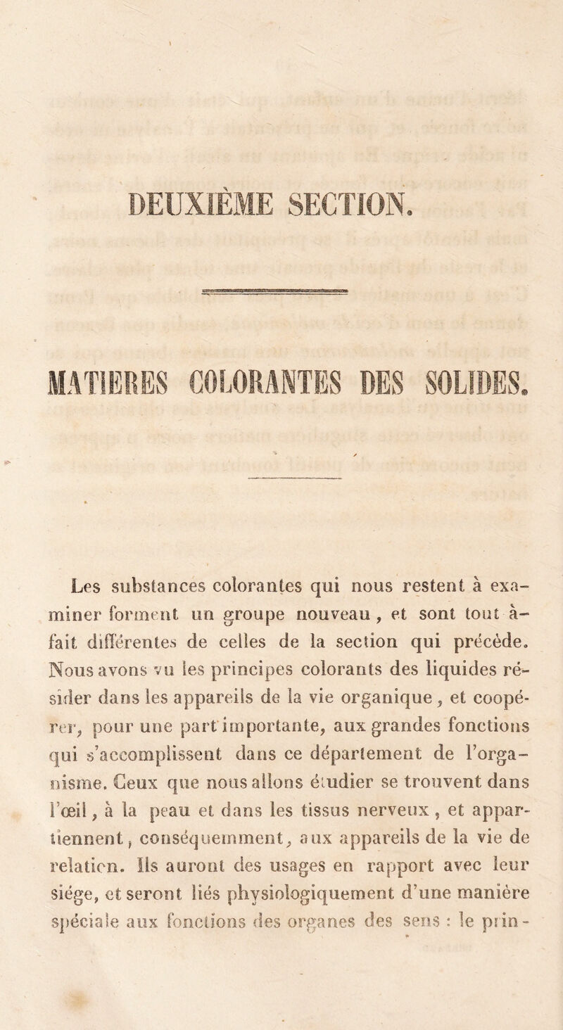 DEUXIÈME SECTION. MATIERES COLORANTES DES SOLIDES, Les substances colorantes qui nous restent à exa- miner forment un groupe nouveau, et sont tout à- fait différentes de celles de la section qui précède. Nous avons vu les principes colorants des liquides ré- sider dans les appareils de la vie organique, et coopé- rer, pour une part importante, aux grandes fonctions qui s’accomplissent dans ce département de l’orga- nisme. Ceux que nous allons éiudier se trouvent dans l’œil, à la peau et dans les tissus nerveux , et appar- tiennent ^ conséquemment, aux appareils de la vie de reladcn. ils auront des usages en rapport avec leur siège, et seront liés physiologiquement d’une manière spéciale aux fondions des organes des sens : le prie-