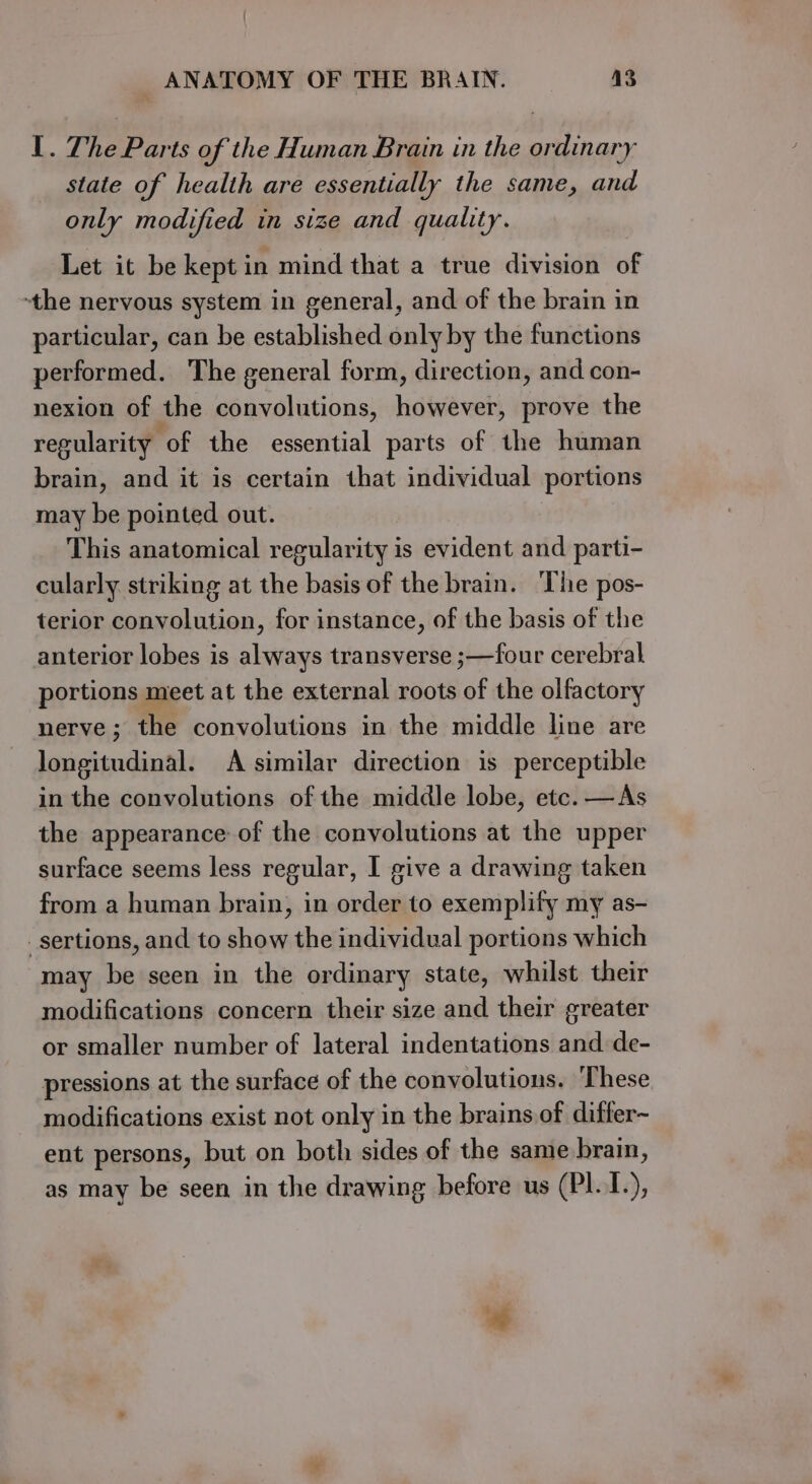I. The Parts of the Human Brain in the ordinary state of health are essentially the same, and only modified in size and quality. Let it be kept in mind that a true division of the nervous system in general, and of the brain in particular, can be established only by the functions performed. The general form, direction, and con- nexion of the convolutions, however, prove the regularity of the essential parts of the human brain, and it is certain that individual portions may be pointed out. | This anatomical regularity is evident and parti- cularly striking at the basis of the brain. The pos- terior convolution, for instance, of the basis of the anterior lobes is always transverse ;—four cerebral portions meet at the external roots of the olfactory nerve; the convolutions in the middle line are longitudinal. A similar direction is perceptible in the convolutions of the middle lobe, etc. —As the appearance of the convolutions at the upper surface seems less regular, I give a drawing taken from a human brain, in order to exemplify my as- -_sertions, and to show the individual portions which may be seen in the ordinary state, whilst their modifications concern their size and their greater or smaller number of lateral indentations and de- pressions at the surface of the convolutions. These modifications exist not only in the brains of differ~ ent persons, but on both sides of the same brain, as may be seen in the drawing before us (P1.1.), ad