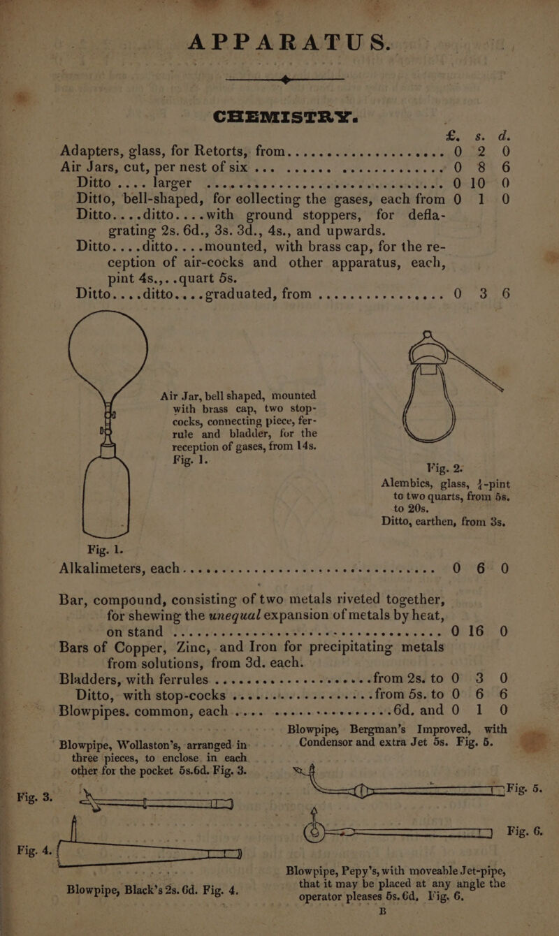 Sat ee “7 APPARATUS. Se pee 7: ; CHEMISTRY. : £. 8s. da Anepiars, class, for Retoctsy from), 6... evan. dis vn owl oy Out 0 Peiorrerecut, Der Mest OF Bike ster. &lt; vie oe. 3 5. wie nities weaeg 4 oe 6 Ditto .... larger Bolas. d's Pint lao wo sidtaiate Wied ghwicieriett 0--10-*.0 Ditto....ditto....with ground stoppers, for defla- grating 2s. 6d., 3s. 3d., 4s., and upwards. Ditto. ...ditto....mounted, with brass cap, for the re- ception of air-cocks and other apparatus, each, pint 4s.,..quart 5s. Ditto... &lt;ditto....graduated, from ........... eee eh a ome) Air Jar, bell shaped, mounted with brass cap, two stop- cocks, connecting piece, fer- rule and bladder, for the reception of gases, from 14s. Fig. 1. 5 Fig. 2. Alembics, glass, 4-pint to two quarts, from 5s. Ditto, earthen, from 3s. Fig. lL. Alkalimeters, each............ ay meen aie taer eae Hein EOL GS | Bar, compound, consisting a two metals riveted together, for shewing the unequal expansion of metals by heat, DRT BEATIN sc cistern minis .ctasate ens PO rene tie sulig Welnieie cpa ie 8 GeO Bars of Copper, Zinc, and Iron for precipitating metals from solutions, from 3d. each. Bladders, with ferrules..........--++.+eee+-.from2s.to 0 3 0 Ditto, with stop-cocks .......... Ocean tion Ssuto 02) 6606 Blowpipes. common, each..... .....+-+++++-..-6d, and 0 1 0 Blowpipe, Bergman’s Improved, with -Blowpipe, Wollaston’s, arranged: in- Condensor and extra Jet 5s. Fig. 6. ea. three pieces, to enclose in each other for the pocket 5s.6d. Fig. 3. ‘fey Rae yes ae — — Fig. 5. pyeis ss) monet Fig. 6. | Blowpipe, Pepy’s, with moveable Jet-pipe, ’ that it may be placed at any angle the Blowpip % Black 52s i ee . 3 operator pleases 5s. 6d, I’ig, 6. B