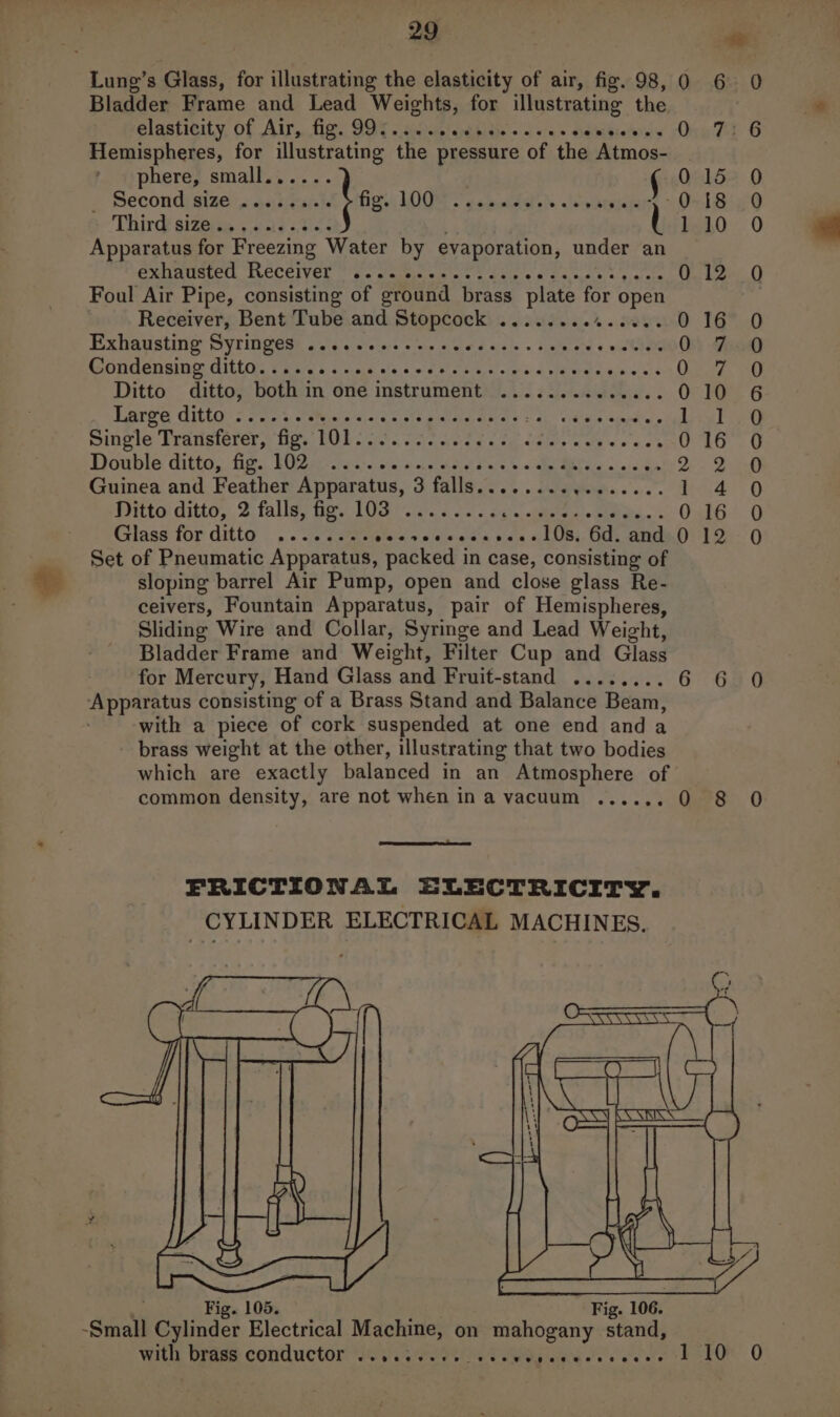 Lung’s Glass, for illustrating the elasticity of air, fig. 98, Bladder Frame and Lead Weights, for illustrating the elasticity of Air, fig. 995..... eesiue = 46i5* ie wi bier Hemispheres, for illustrating the pressure of the Atmos- phere, small...... |  2 Second) size x:eeisieais he hoe 100 Thirds sizeicy ,,&lt; 2 3055 Apparatus for Freezing Water by evaporation, under an exunmsiet, RECEIVED = ae sashic un's's Ldvis's sca cet 2 tects Foul Air Pipe, consisting of ground brass plate We open Receiver, Bent Tube and Stopcock ........4..%.. Eixliaustin ge Syl iNeege Facb cee coe eee cele © shale onw « aGsbhen ODGENMIRD Cite Vaile st acin8 alec we bose ora 4 late cane e4 Ditto ditto, both in one instrument .............. Bare Cittoe &gt; meet sr eties sje arte tera ae ee Oe Oe Siligle MPansterer,s Wien TE Ae. vie ead 52M cidats eee. 93.6% Double ditto, te. BOP ry san nedsie sus + &lt;i Meals « olees Guinea and Feather Apparatus, 3 falls........ oo ee Pitta ditto, 2: falles mee LOG (in, os &lt; ot &lt; eters oes «2 Glass for ditto ........ cocveccosevee+ 108. 6d. and Set of Pneumatic Apparatus, packed in case, consisting of sloping barrel Air Pump, open and close glass Re- ceivers, Fountain Apparatus, pair of Hemispheres, Sliding Wire and Collar, Syringe and Lead Weight, Bladder Frame and Weicht, Filter Cup and Glass for Mercury, Hand Glass and Fruit-stand ........ Apparatus consisting of a Brass Stand and Balance Beam, with a piece of cork suspended at one end and a brass weight at the other, illustrating that two bodies which are exactly balanced in an Atmosphere of common density, are not when in a vacuum ....., : FRICTIONAL ELECTRICITY. CYLINDER ELECTRICAL MACHINES. “7 aes vara 9 Fig Fig. 106. ‘Small Grider Electrical Machine, on py aatesny stand, oh Dress contluctor eyes oes eSignal eo oe ote 0 ooo o&gt;) =) 1S! Caine Gy oe co) 0