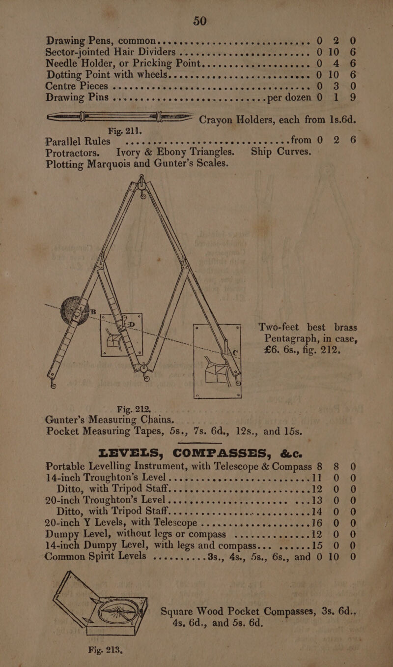 Drawing Pens, COMMON v6. \¢ os ve ev se cees baw manealee 0 2 0 Sector-jointed Hair Dividers .......... cial pipieeeee p wiste wis «PLD: 4a Needle Holder, or Pricking Point,...........- dcxipiwtigta > ui joe 4 ames Dosting Point.with wheels. cs... i watceneseneemakD 6 Centre Pieces ive. «ss c+ bitinaiiviste's conc sepewne« eager > eenmninO QO Drawing Pine y-6:55),. «isis. o's asin arais ce RERORIE perdozen0 1 9 === = Crayon Holders, each from 1s.64. Fig. 211. Parallel Rules 1... seeeeeeceee eeltutatctes theice e EDULE? Cue ETO Two-feet best brass Pentagraph, in case, £6. 6s., fig. 212. Fig. 212, Gunter’s Measuring Chains, Pocket Measuring Tapes, 5s., 7s. 6d., 12s., and lds. LEVELS, COMPASSES, &amp;c. Portable Levelling Instrument, with Telescope &amp; Compass 8 8 0 14-inch Troughton’s Level........ IE SS AOS fae” it -0 <0 Ditto, with Tripod Stats tie. soak paidvn eek ows o412.00 a0 20-inch Troughton’s Level........... Gee's ‘aly aS) 0s ee 1S 30 ee Ditto. dwith ‘Tripod State cgi: «us sae o Und sels sete ee eae 20-inch Y Levels, with Telescope ....... Sib 6 coe dene aan 16 0 0 Dumpy Level, without legs or compass ..........00. 12 0 O 14-inch Dumpy Level, with legs and compass... ...-.-15 0 0 Common Spirit Levels .......... 3s., 4s., 5s., 6s., and 0 10 0 SS mane) y Square Wood Pocket Compasses, 3s. 6d.. 4s, 6d., and 5s. 6d.