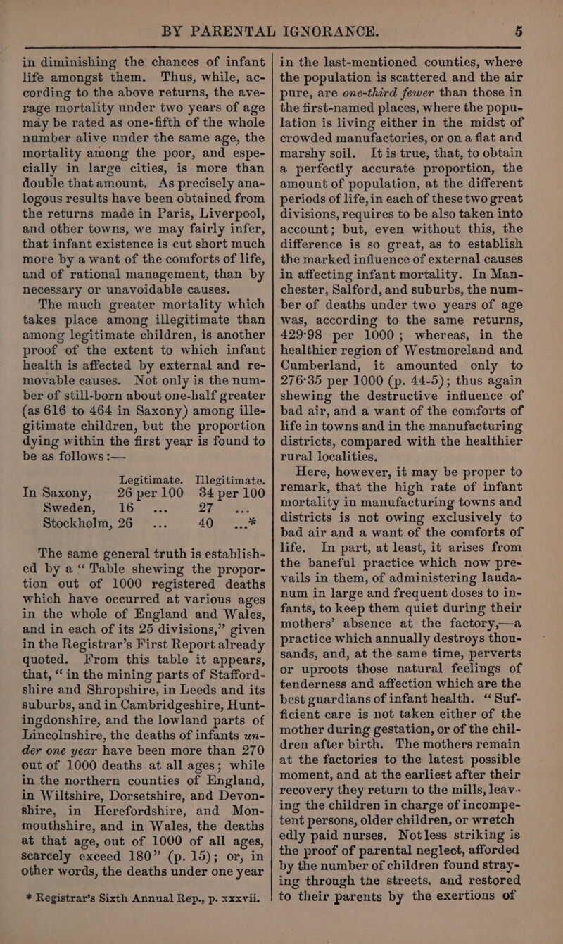 in diminishing the chances of infant life amongst them. Thus, while, ac- cording to the above returns, the ave- rage mortality under two years of age may be rated as one-fifth of the whole number alive under the same age, the mortality among the poor, and espe- cially in large cities, is more than double that amount, As precisely ana- logous results have been obtained from the returns made in Paris, Liverpool, and other towns, we may fairly infer, that infant existence is cut short much more by a want of the comforts of life, and of rational management, than by necessary or unavoidable causes. The much greater mortality which takes place among illegitimate than among legitimate children, is another proof of the extent to which infant health is affected by external and re- movable causes. Not only is the num- ber of still-born about one-half greater (as 616 to 464 in Saxony) among ille- gitimate children, but the proportion dying within the first year is found to be as follows :— Legitimate. Illegitimate. In Saxony, 26perl00 34 per 100 Sweden, 16 27 Stockholm, 26 40 ...* The same general truth is establish- ed by a “ Table shewing the propor- tion out of 1000 registered deaths which have occurred at various ages in the whole of England and Wales, and in each of its 26 divisions,” given in the Registrar’s First Report already quoted. I*rom this table it appears, that, “in the mining parts of Stafford- shire and Shropshire, in Leeds and its suburbs, and in Cambridgeshire, Hunt- ingdonshire, and the lowland parts of Lincolnshire, the deaths of infants wn- der one year have been more than 270 out of 1000 deaths at all ages; while in the northern counties of England, in Wiltshire, Dorsetshire, and Devon- shire, in Herefordshire, and Mon- mouthshire, and in Wales, the deaths at that age, out of 1000 of all ages, scarcely exceed 180” (p. 15); or, in other words, the deaths under one year * Registrar’s Sixth Annual Rep., p. xxxvii. in the last-mentioned counties, where the population is scattered and the air pure, are one-third fewer than those in the first-named places, where the popu- lation is living either in the midst of crowded manufactories, or on a flat and marshy soil. It is true, that, to obtain a perfectly accurate proportion, the amount of population, at the different periods of life,in each of these two great divisions, requires to be also taken into account; but, even without this, the difference is so great, as to establish the marked influence of external causes in affecting infant mortality. In Man- chester, Salford, and suburbs, the num- ber of deaths under two years of age was, according to the same returns, 42998 per 1000; whereas, in the healthier region of Westmoreland and Cumberland, it amounted only to 276°35 per 1000 (p. 44-5); thus again shewing the destructive influence of bad air, and a want of the comforts of life in towns and in the manufacturing districts, compared with the healthier rural localities. Here, however, it may be proper to remark, that the high rate of infant mortality in manufacturing towns and districts is not owing exclusively to bad air and a want of the comforts of life. In part, at least, it arises from the baneful practice which now pre- vails in them, of administering lauda- num in large and frequent doses to in- fants, to keep them quiet during their mothers’ absence at the factory,—a practice which annually destroys thou- sands, and, at the same time, perverts or uproots those natural feelings of tenderness and affection which are the best guardians of infant health. “ Suf- ficient care is not taken either of the mother during gestation, or of the chil- dren after birth. The mothers remain at the factories to the latest possible moment, and at the earliest after their recovery they return to the mills, leav- ing the children in charge of incompe- tent persons, older children, or wretch edly paid nurses. Notless striking is the proof of parental neglect, afforded by the number of children found stray- ing throngh the streets. and restored to their parents by the exertions of