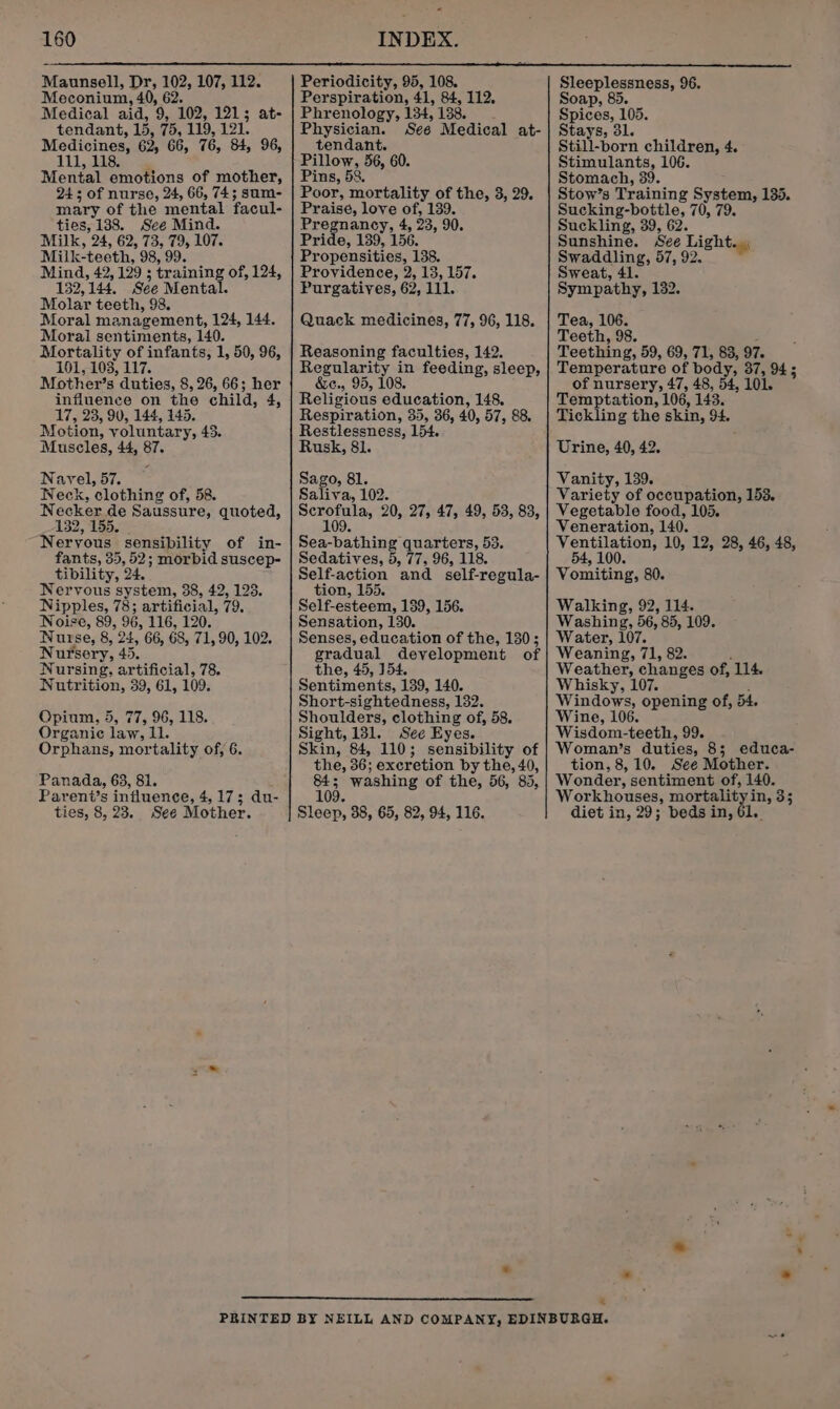 Maunsell, Dr, 102, 107, 112. Meconium, 40, 62. Medical aid, 9, 102, 121; at- tendant, 15, 75, 119, 121. Medicines, 62, 66, 76, 84, 96, LVL, LSS ee Mental emotions of mother, 245 of nurse, 24, 66, 74; sum- mary of the mental facul- ties, 138. See Mind. Milk, 24, 62, 73, 79, 107. Milk-teeth, 98, 99. Mind, 42, 129 ; training of, 124, 132,144. See Mental. Molar teeth, 98. Moral management, 124, 144. Moral sentiments, 140. Mortality of infants, 1, 50, 96, 101, 103, 117. Mother’s duties, 8, 26, 66; her influence on the child, 4, 17, 23, 90, 144, 145. Motion, voluntary, 43. Muscles, 44, 87. Navel, 57. Neck, clothing of, 58. Necker de Saussure, quoted, 132, 155. Nervous sensibility of in- fants, 35, 52; morbid suscep- tibility, 24. Nervous system, 38, 42, 123. Nipples, 78; artificial, 79. Noise, 89, 96, 116, 120. Nurse, 8, 24, 66, 68, 71, 90, 102. Nursery, 45. Nursing, artificial, 78. Nutrition, 39, 61, 109. Opium, 5, 77, 96, 118. Organic law, 11. Orphans, mortality of, 6. Panada, 63, 81. Pareni’s influence, 4,173; du- ties, 8, 23. See Mother. Periodicity, 95, 108. Perspiration, 41, 84, 112, Phrenology, 134, 138. Physician. See Medical at- tendant. Pillow, 56, 60. Pins, 58. Poor, mortality of the, 3, 29. Praisé, love of, 139. Pregnancy, 4, 23, 90. Pride, 139, 156. Propensities, 138. Providence, 2, 13, 157. Purgatives, 62, 111. Quack medicines, 77, 96, 118. Reasoning faculties, 142. Regularity in feeding, sleep, &e., 95, 108. Religious education, 148, Respiration, 35, 36, 40, 57, 88. Restlessness, 154. Rusk, 81. Sea-bathing quarters, 53. Sedatives, 5, 77, 96, 118 Self-action and self-regula- tion, 155. Self-esteem, 139, 156. Sensation, 130. Senses, education of the, 130; gradual development of the, 45, 154. Sentiments, 139, 140. Short-sightedness, 132. Shoulders, clothing of, 58. Sight, 131. See Eyes. Skin, 84, 110; sensibility of the, 36; excretion by the, 40, 84; washing of the, 56, 85, 109. Sleep, 38, 65, 82, 94, 116. Sleeplessness, 96. Soap, 85. Spices, 105. Stays, 31. Still-born children, 4. Stimulants, 106. Stomach, 39. Stow’s Training System, 135. Sucking-bottle, 70, 79. Suckling, 39, 62. Sunshine. See Light. Swaddling, 57, 92, Sweat, 41. Sympathy, 132. Tea, 106. Teeth, 98. Teething, 59, 69, 71, 83, 97. Temperature of body, 37, 94; of nursery, 47, 48, 54, 101. Temptation, 106, 143. Tickling the skin, 94. Urine, 40, 42. Vanity, 139. Variety of occupation, 153. Vegetable food, 105. Veneration, 140. Liicie 10, 12, 28, 46, 48, Vomiting, 80. Walking, 92, 114. Washing, 56, 85, 109. Water, 107. Weaning, 71, 82. s Weather, changes of, 114. Whisky, 107. 5 Windows, opening of, 54. Wine, 106. Wisdom-teeth, 99. Woman’s duties, 8; educa- tion, 8,10. See Mother. Wonder, sentiment of, 140. Workhouses, mortality in, 35 diet in, 29; beds in, 61. z