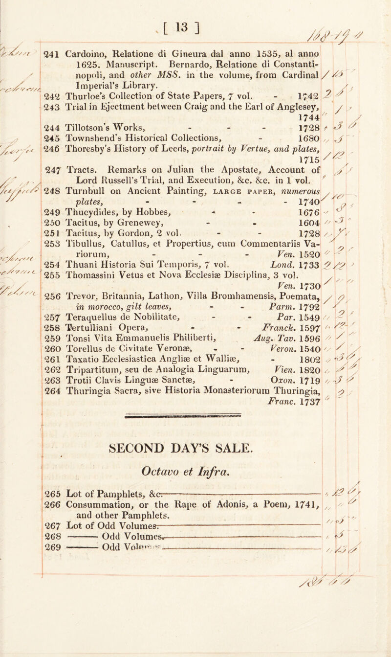 -- ^ %24i Cardoino, Relatione di Gineura dal anno 1535, al anno 1625. Manuscript. Bernardo, Relatione di Constanti- /,< 7 *<■ v 'S 7/ 242 243 244 245 246 247 248 Imperial’s Library. Thurloe’s Collection of State Papers, 7 vol. - 1742 Trial in Ejectment between Craig and the Earl of Anglesey, 17 Tillotson’s Works, 17 Townshend’s Historical Collections, - 16 Lord Bussell’s Trial, and Execution, &c. &e. in 1 vol. plates, Thucydides, by Hobbes, Tacitus, by Grenewey, Tacitus, by Gordon, 2 vol. 255 SSL 249 250 251 253 Tibullus, Catullus, et Propertius, cum Commentariis riorum, - Ven. ] 254 Thuani Historia Sui Temporis, 7 vol. Lond. ] Thomassini Vetus et Nova Ecclesiae Discipline, 3 vol. 256 in morocco, gilt leaves, Teraquellus de Nobilitate, Tertulliani Opera, Tonsi Vita Emmanuelis Philiberti, Torellus de Civitate Veronae, Taxatio Ecclesiastica Angliae et Walliae, Tripartitum, seu de Analogia Linguarum, Trotii Clavis Linguae Sanctae, Thuringia Sacra, sive Historia Monasteriorum Thuringia, j/]0\ 2 y i/r / : f * j 1 '/ < 2 //? • ' / ' y S ■ ’ J7 c 7j Is s\ /■ ? /y A //• i // 2 r . /? ; / ) / 1 ^ > />. o'S ( * y > //' j - y Franc. 1737 / SECOND DAY’S SALE. . Octavo et Infra. 265 Lot of Pamphlets, &c:-----\'> & 266 Consummation, or the Rape of Adonis, a Poem, 1741, V/ and other Pamphlets. 267 Hot of Odd Volu---~ —~— 268 ——— Odd Volumes,—*■— 1 —--- 269 —- Odd Vein* ■ — ———— -——— // I ■ ■ ✓ S'-7 * // As <Z A Ay //