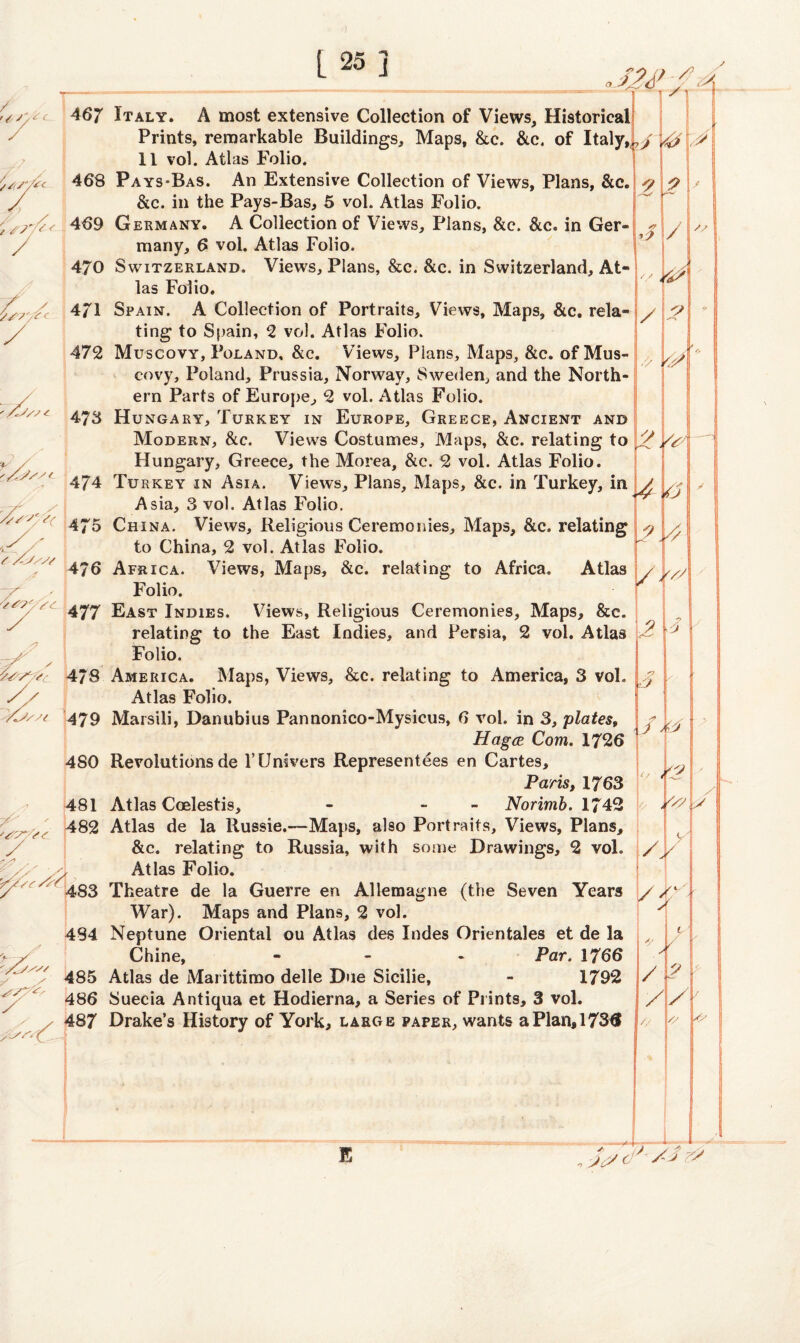 / , ' / //* c / // / 7s; £ 467 Italy. A most extensive Collection of Views, Historical Prints, remarkable Buildings, Maps, &c. &c. of Italy,,,/ 11 vol. Atlas Folio. '/isui 468 Pays-Bas. An Extensive Collection of Views, Plans, &c. ? ? * / &c. in the Pays-Bas, 5 vol. Atlas Folio. 469 Germany. A Collection of Views, Plans, &c. &c. in Ger- ~\y / many, 6 vol. Atlas Folio. 470 Switzerland. Views, Plans, &c. &c. in Switzerland, At¬ las Folio. 471 Spain. A Collection of Portraits, Views, Maps, &c. rela¬ ting to Spain, 2 vol. Atlas Folio. 472 Muscovy, Poland, &e. Views, Plans, Maps, &c. of Mus¬ covy, Poland, Prussia, Norway, Sweden, and the North¬ ern Parts of Europe, 2 vol. Atlas Folio. 473 Hungary, Turkey in Europe, Greece, Ancient and Modern, &c. Views Costumes, Maps, &c. relating to Hungary, Greece, the Morea, &c. 2 vol. Atlas Folio. 474 Turkey in Asia. Views, Plans, Maps, &c. in Turkey, in ^ / Asia, 3 vol. Atlas Folio. 475 China. Views, Religious Ceremoides. Maps, &c. relating > ' to China, 2 vol. Atlas Folio. 476 Africa. Views, Maps, &c. relating to Africa. Atlas Folio. 477 East Indies. Views, Religious Ceremonies, Maps, &c. relating to the East Indies, and Persia, 2 vol. Atlas ^ ^ Folio. 478 America. Maps, Views, &c. relating to America, 3 vol. Y' Atlas Folio. /O/st 479 Marsili, Danubius Pannonico-Mysicus, 6 vol. in 3, plates» r ^ Hagce Com. 1726 1 480 Revolutions de l’Umvers Representees en Cartes, Paris, 1763 481 Atlas Coelestis, - - Norimb. 1742 YPls ^ 482 Atlas de la Russie.—Maps, also Portraits, Views, Plans, y. \ YA. &c. relating to Russia, with some Drawings, 2 vol. Atlas Folio. t/1 War). Maps and Plans, 2 vol. 484 Neptune Oriental ou Atlas des Indes Orientales et de la Chine, - Par. 1766 / 485 Atlas de Marittimo delle Due Sicilie, - 1792 486 Suecia Antiqua et Hodierna, a Series of Prints, 3 vol. 487 Drake’s History of York, large paper, wants a Plan, 1736 C h ?' t // s / > 2 / / // //